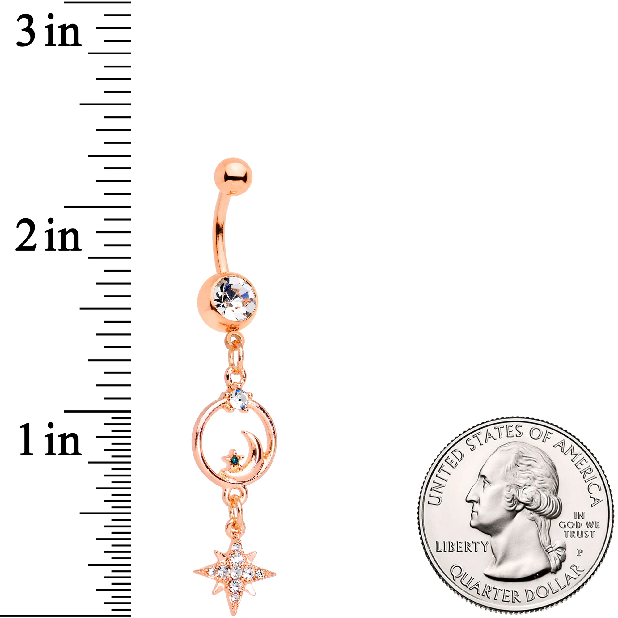 Clear Gem Rose Gold Tone Starry Moon Dangle Belly Ring - Image 2