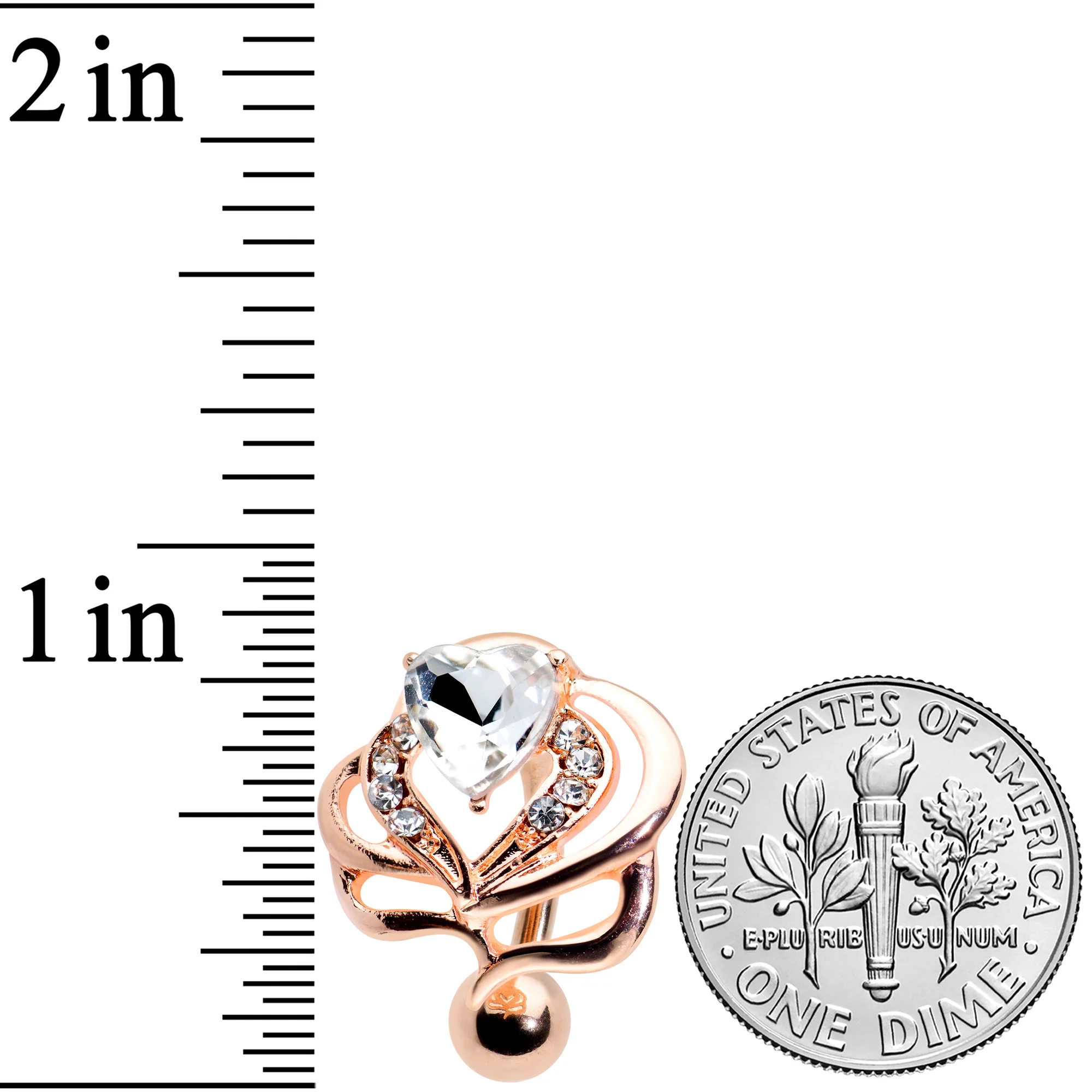 Clear Gem Rose Gold Tone Swirls Heart Top Mount Belly Ring - Image 3