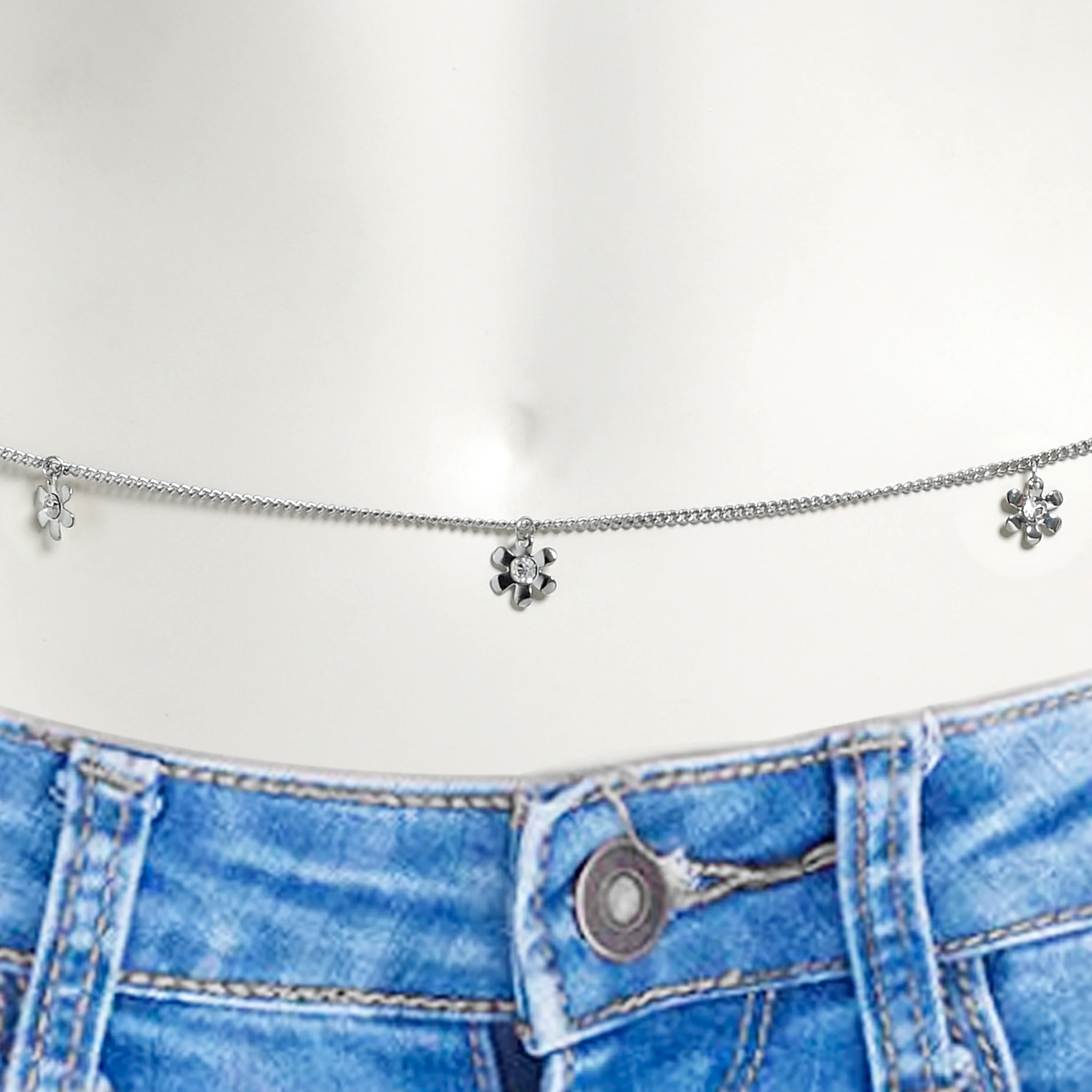 Clear Gem Simple Hippie Flower Dangle Belly Chain - Image 2