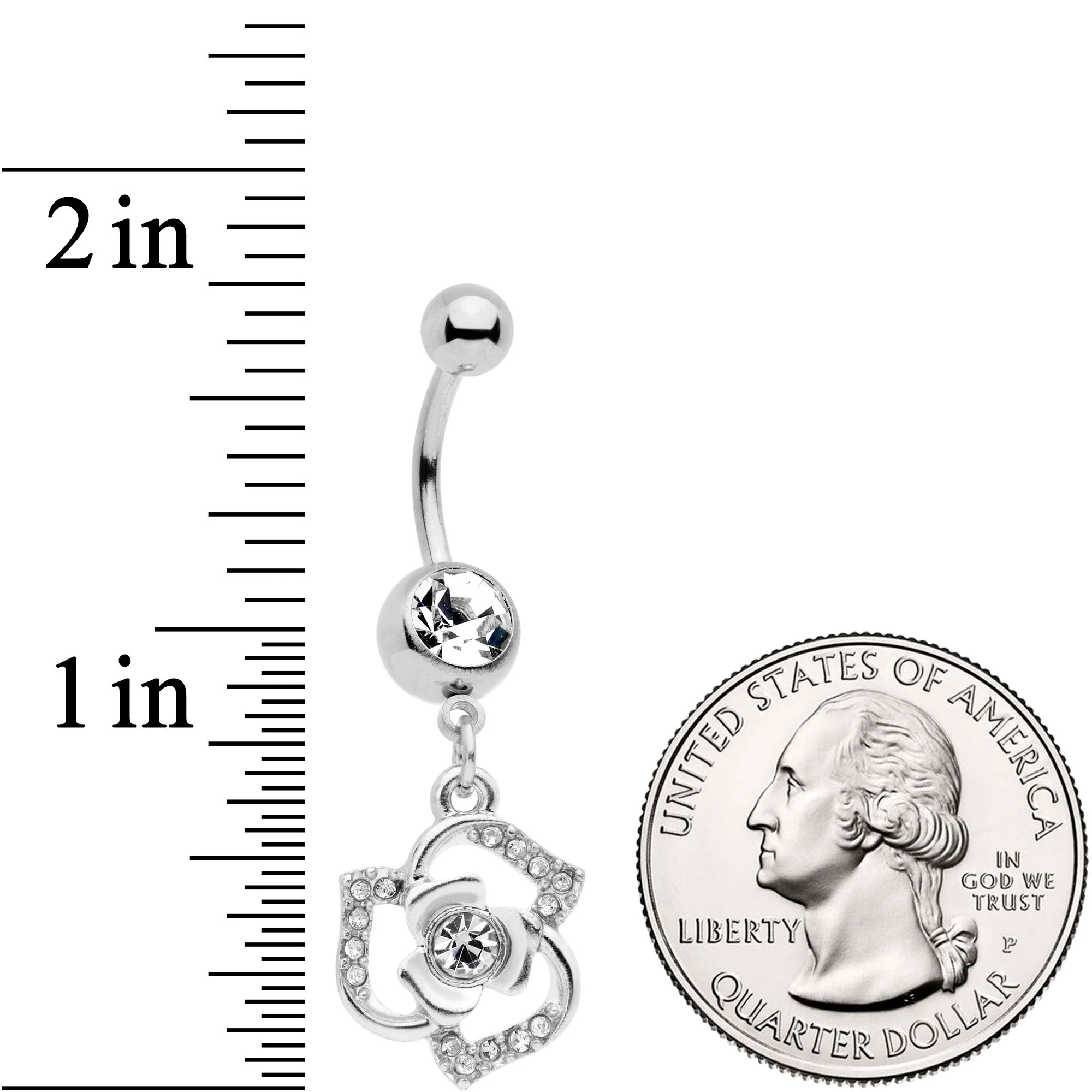 Clear Gem Single Rose Flower Dangle Belly Ring - Image 2