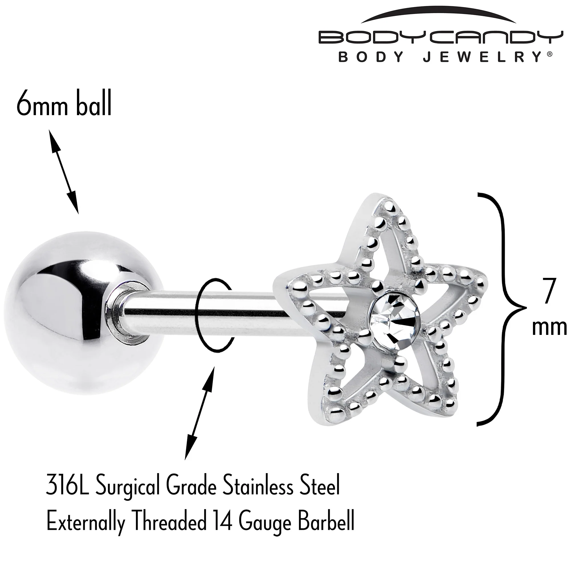 Clear Gem Star Texture Barbell Tongue Ring - Image 2