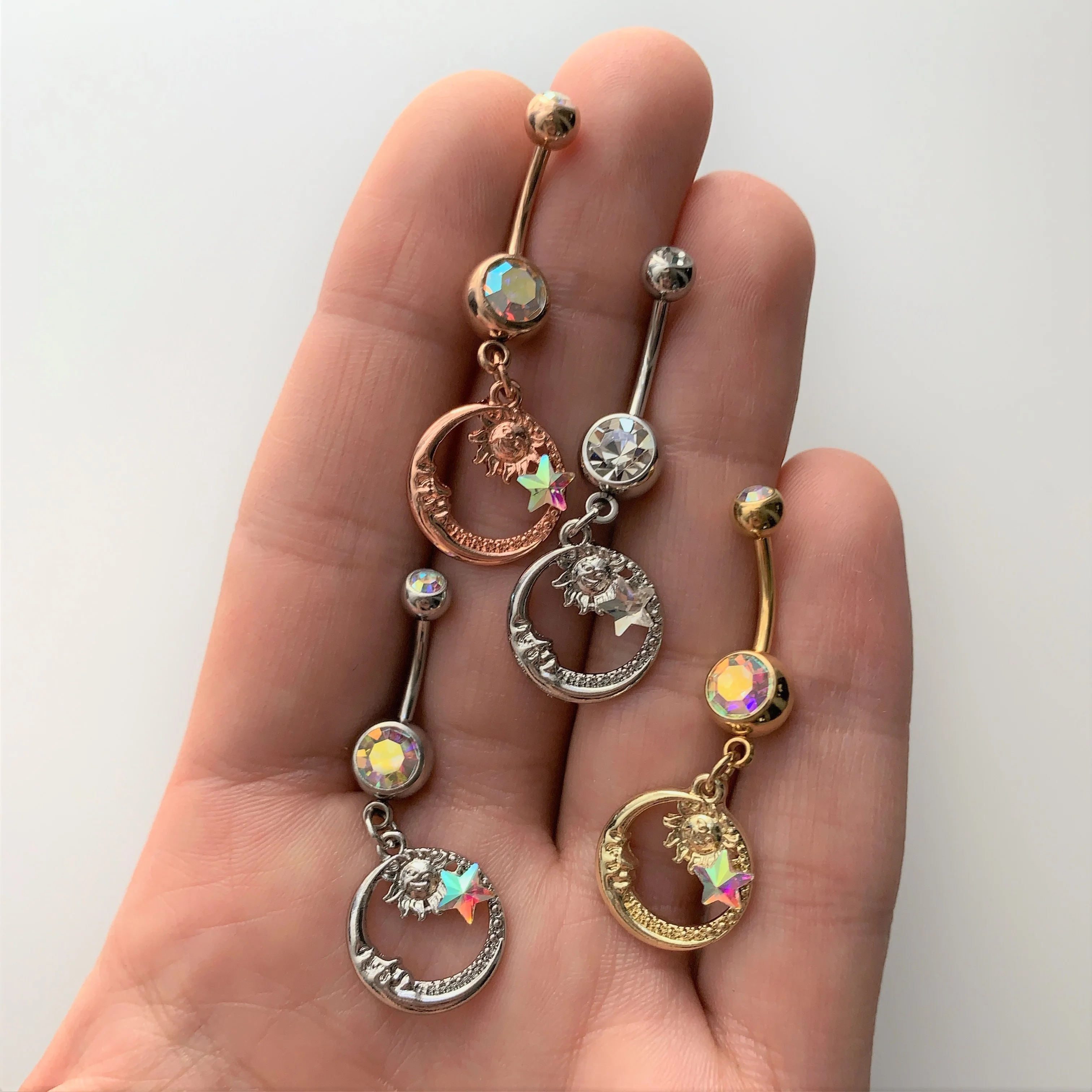 Clear Gem Sun Moon Star Dangle Belly Ring - Image 2
