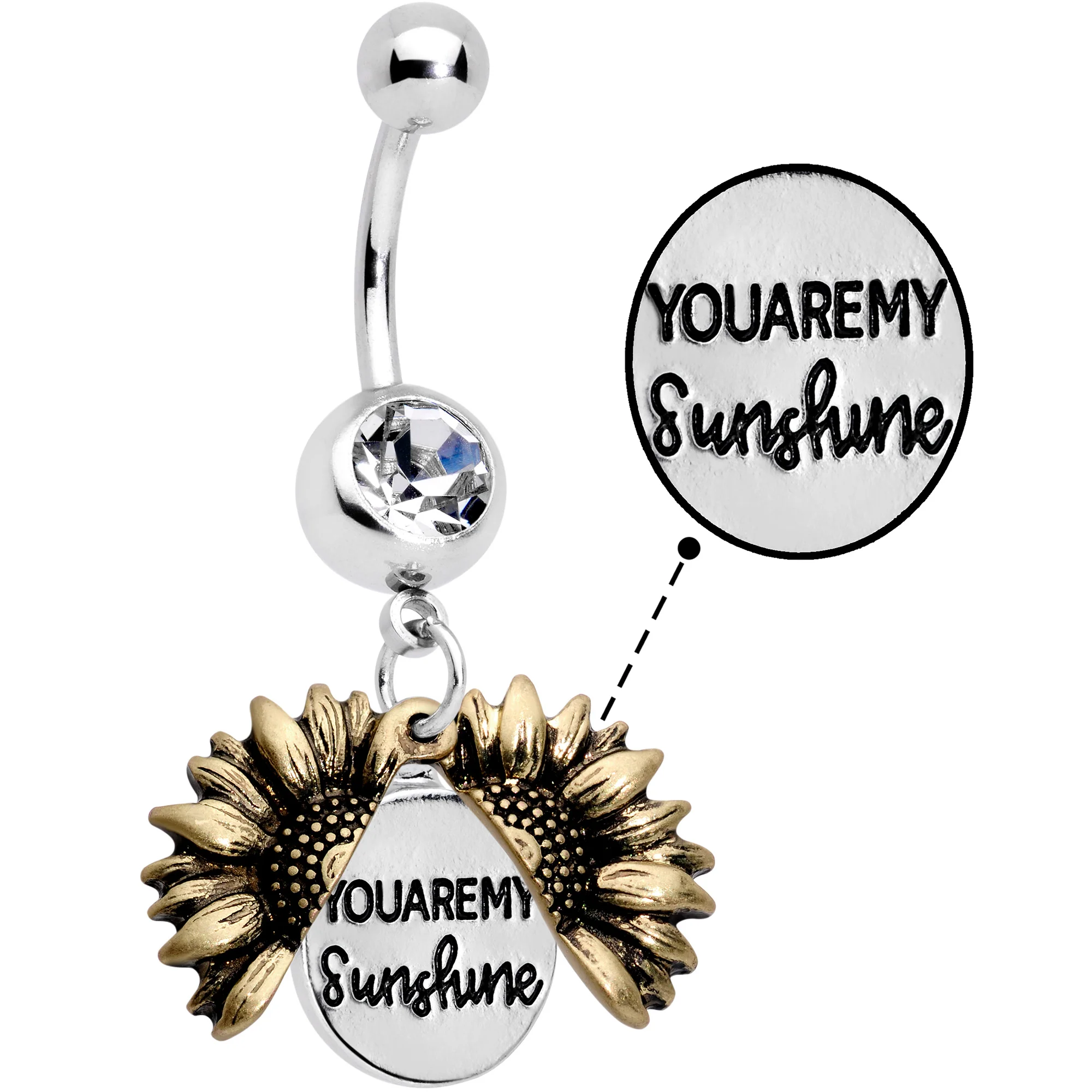 Clear Gem Sunflower Secret You Are My Sunshine Dangle Belly Ring - Image 3