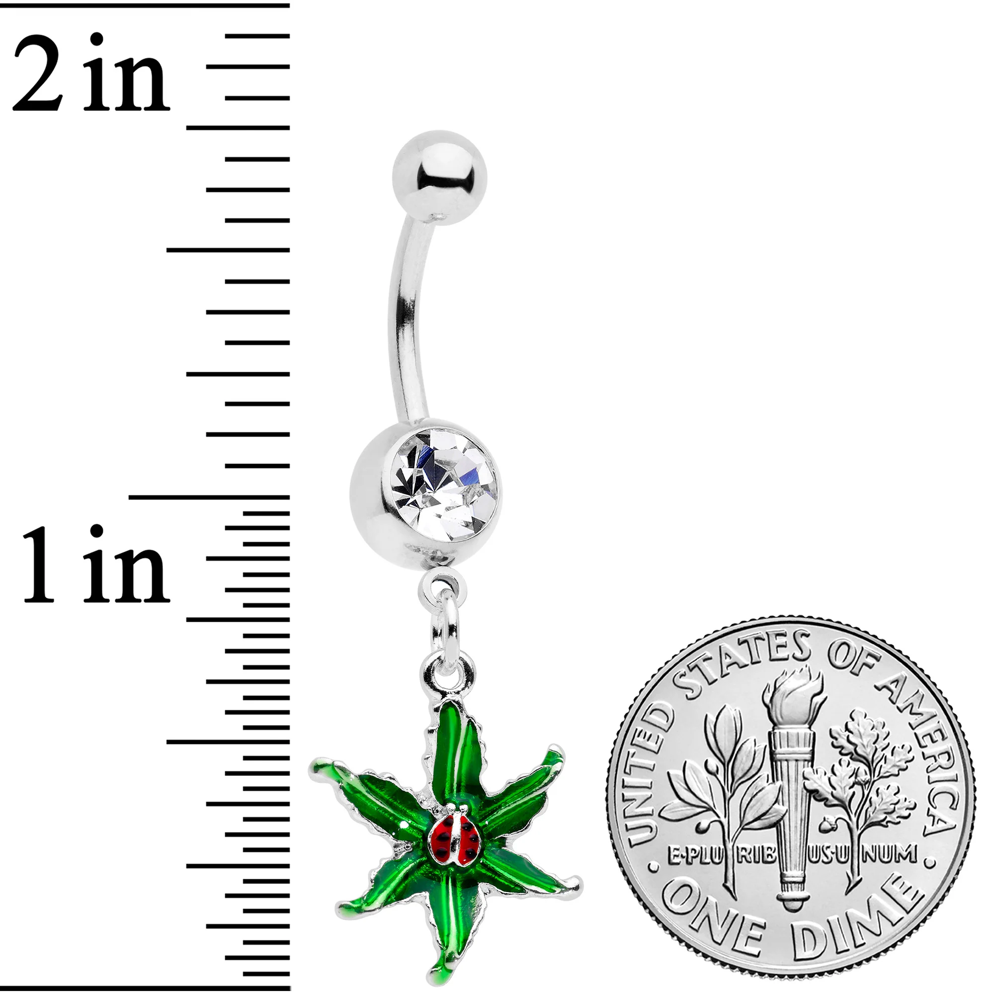 Clear Gem Tiny Ladybug Leaves Dangle Belly Ring - Image 2