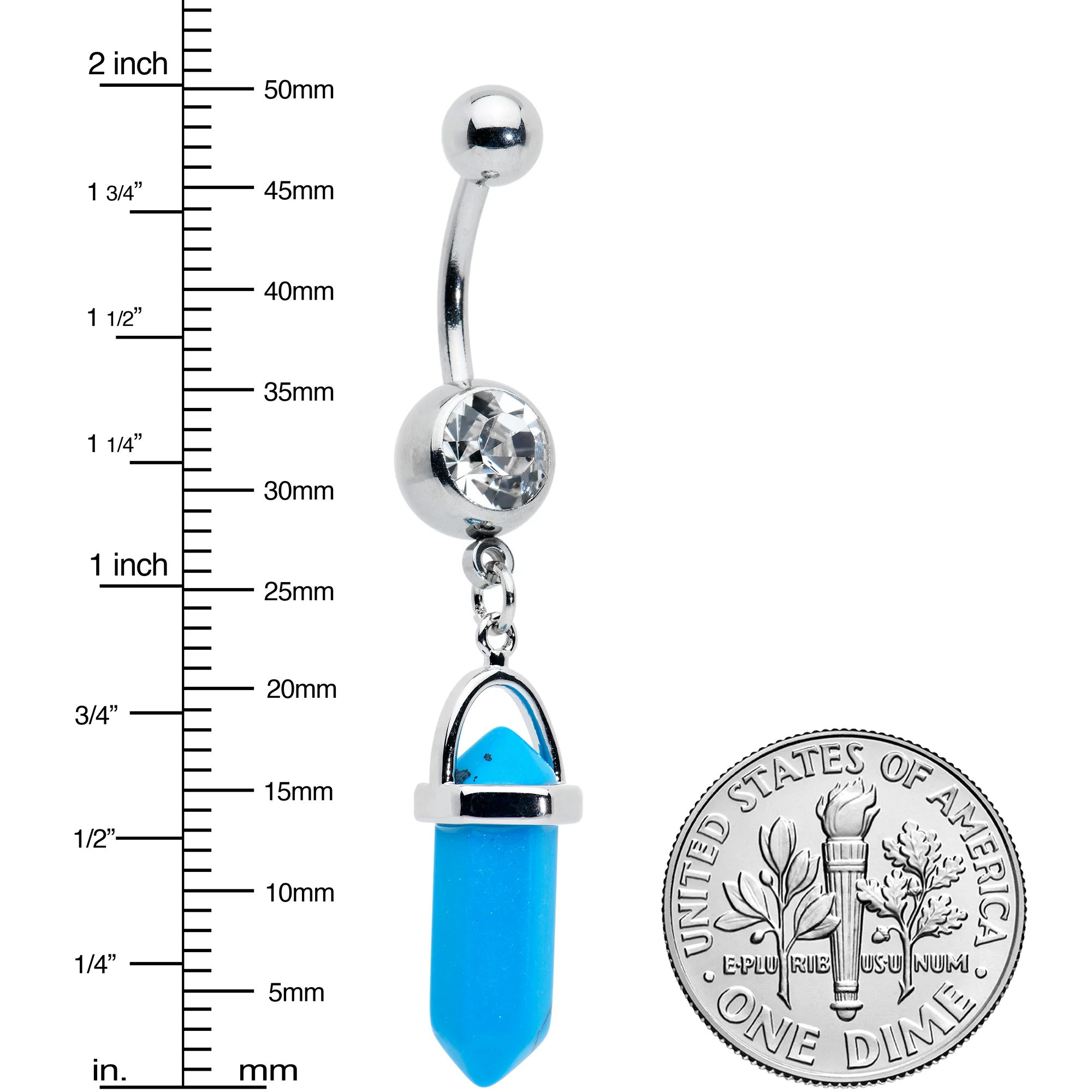Clear Gem Turquoise Obelisk Dangle Belly Ring - Image 2