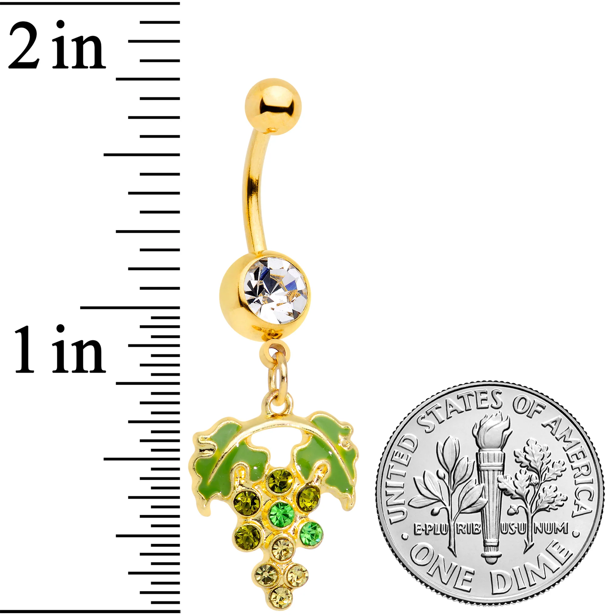 Clear Green Gem Gold Tone Bunch of Grapes Dangle Belly Ring - Image 2