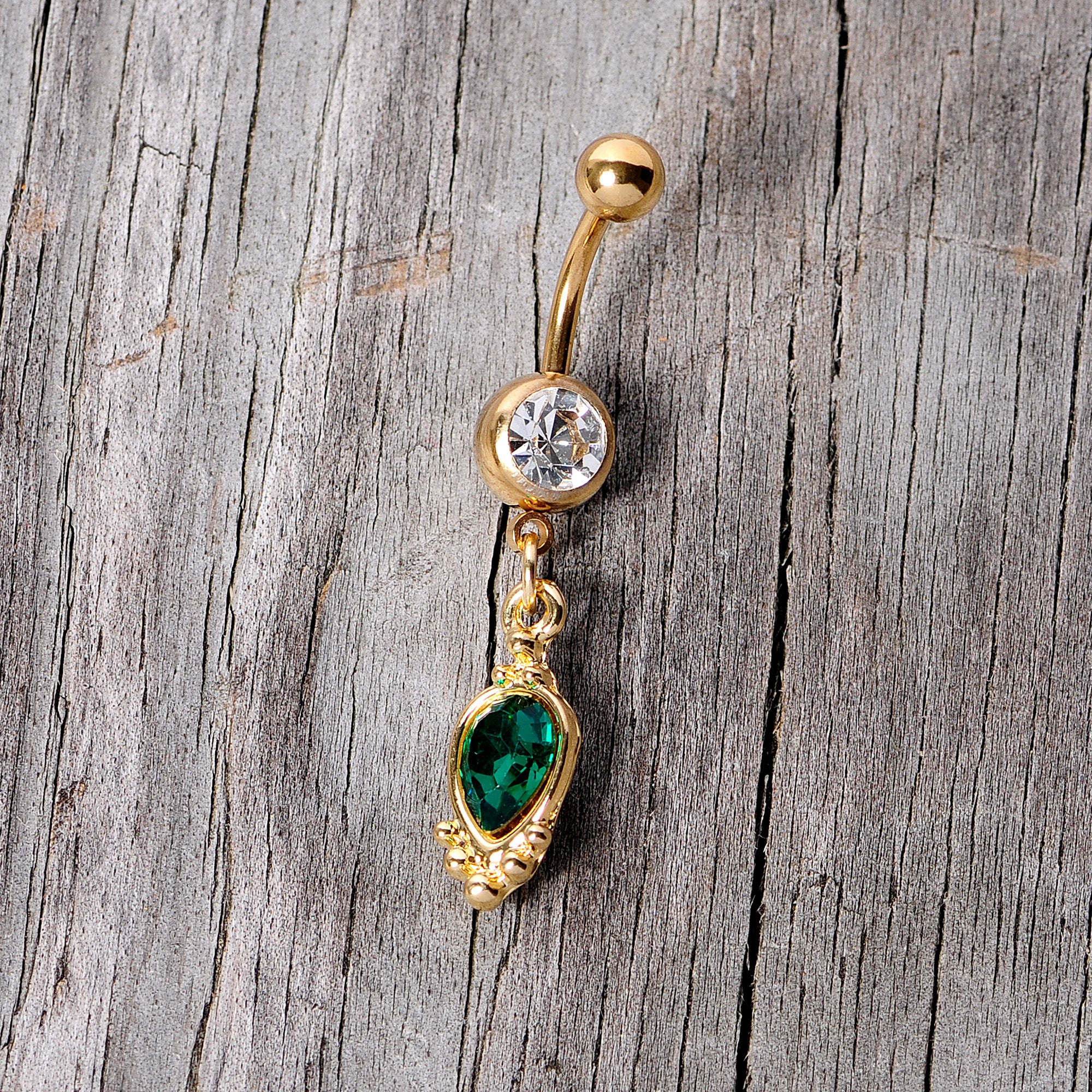 Clear Green Gem Gold Tone Christmas Dangle Belly Ring - Image 5