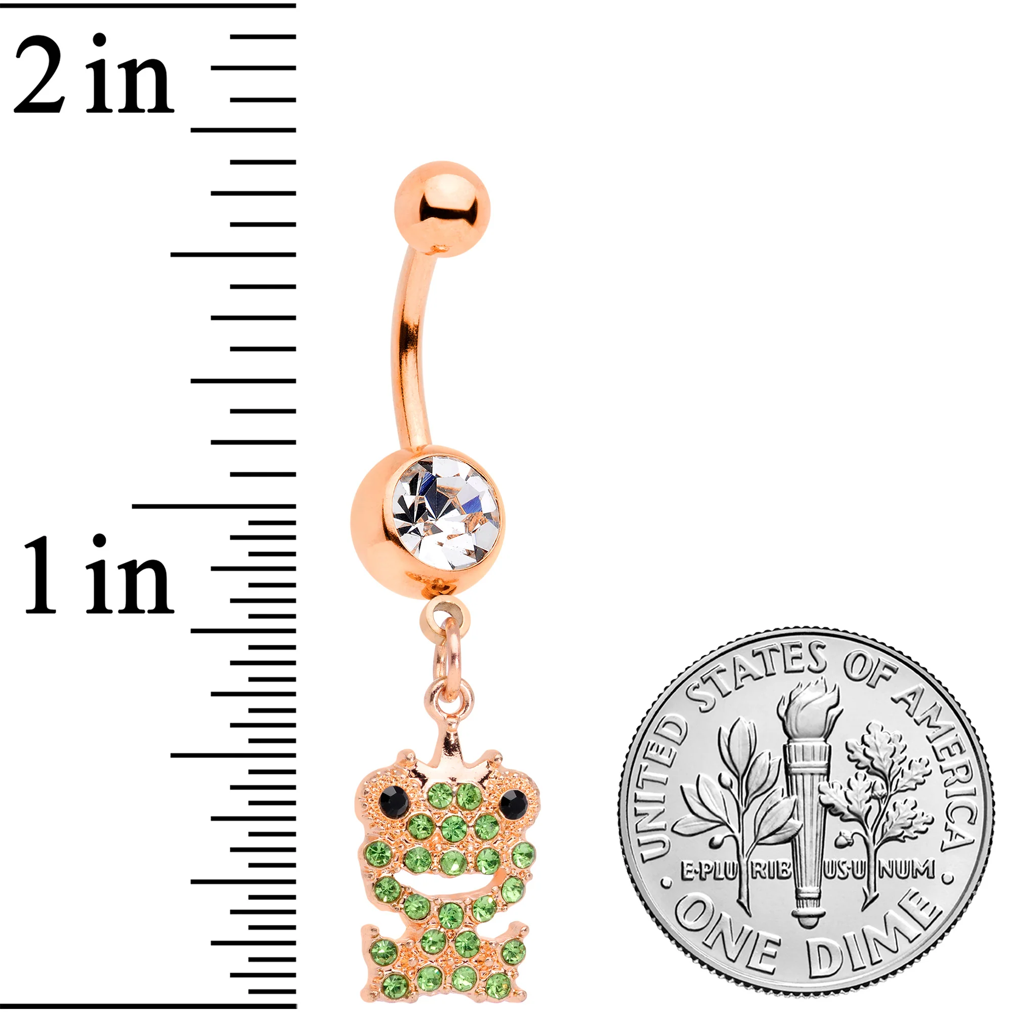 Clear Green Gem Rose Gold Tone Royal Frog Dangle Belly Ring - Image 2