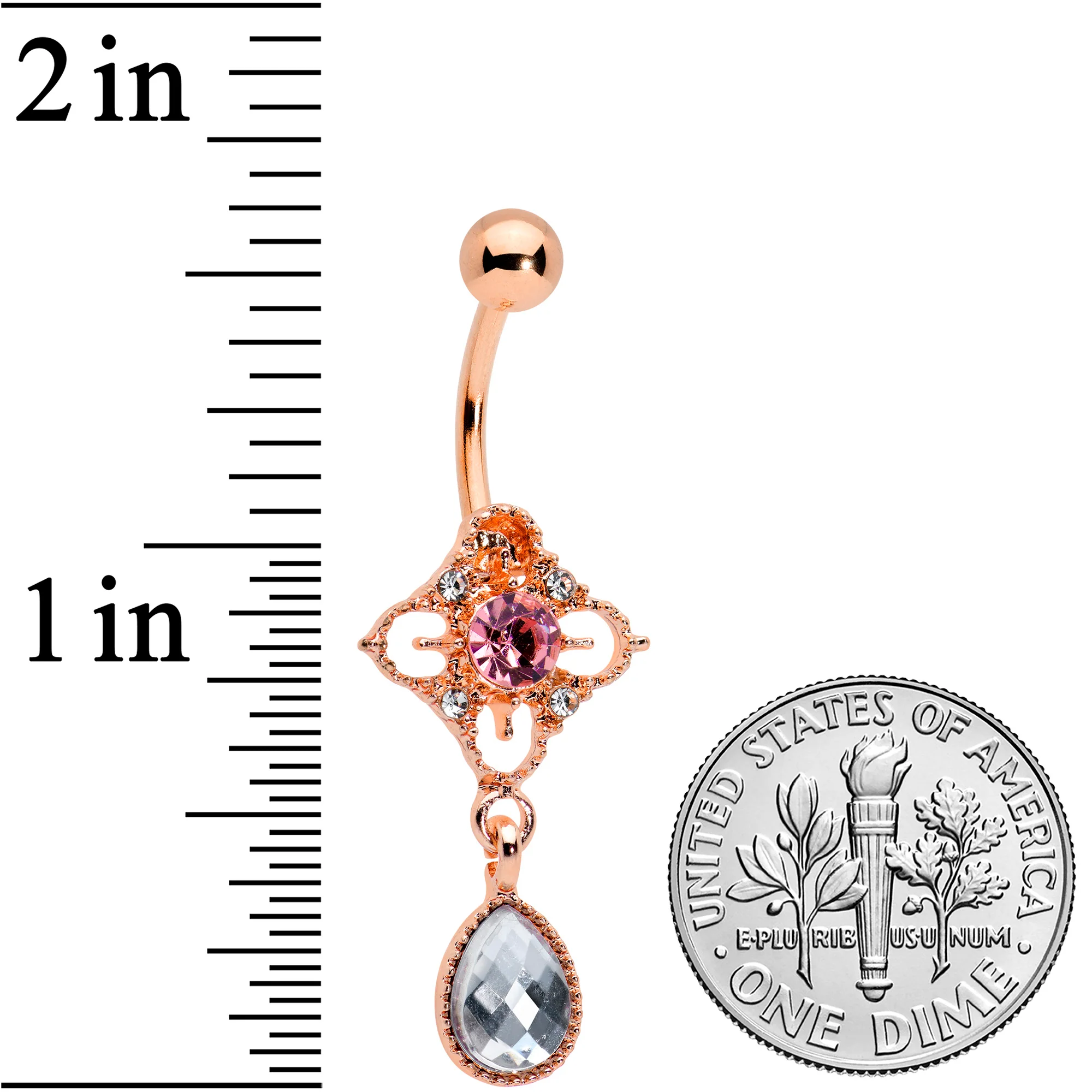 Clear Grey Purple Gem Rose Gold Tone Rhombus Dangle Belly Ring - Image 2