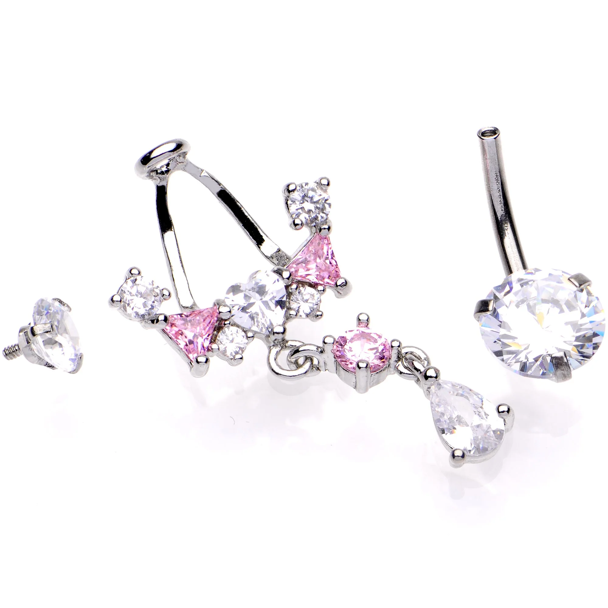Clear Pink CZ Gem Alluring Elegance Dangle Belly Ring - Image 3