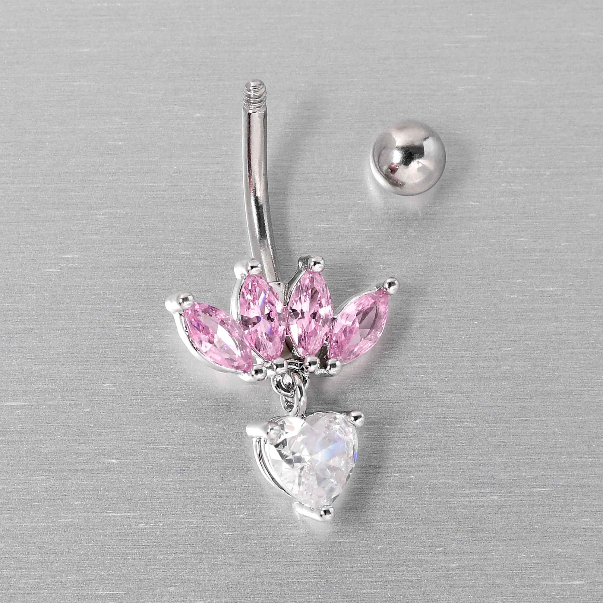 Clear Pink CZ Gem Crown And Heart Dangle Belly Ring - Image 4
