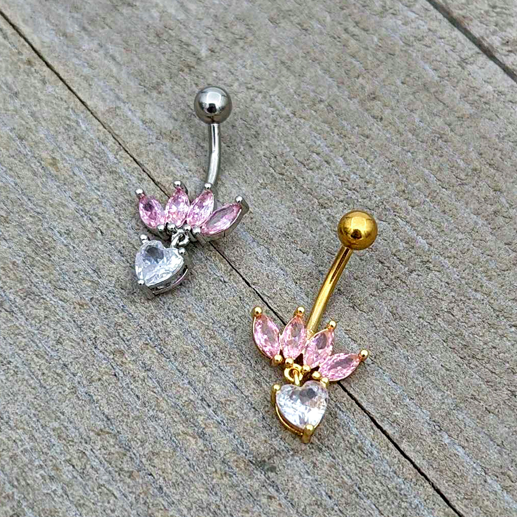Clear Pink CZ Gem Crown And Heart Dangle Belly Ring - Image 7