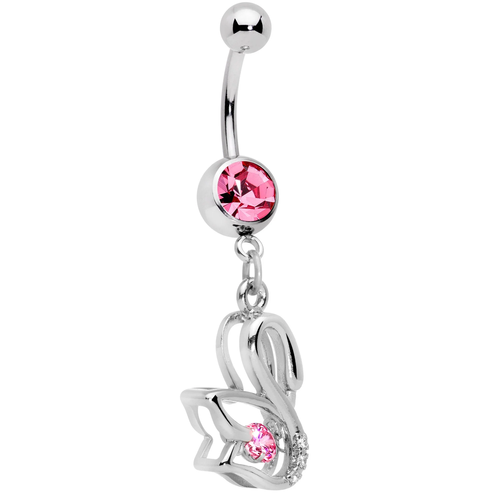 Clear Pink CZ Gem Floating Modernist Swan Dangle Belly Ring - Image 2