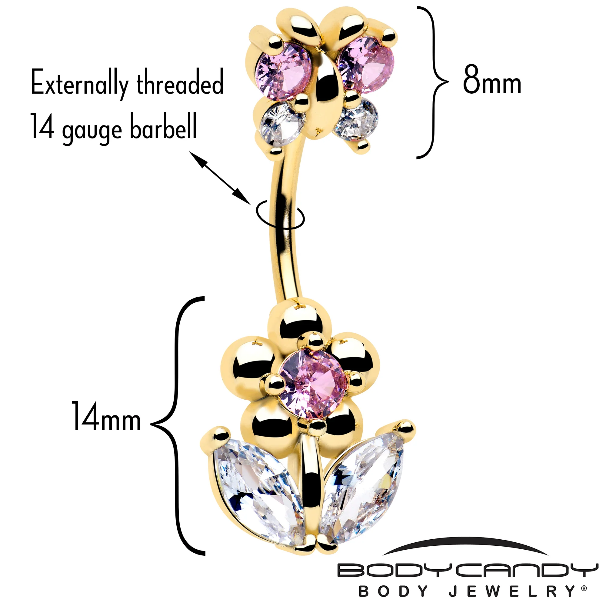 Clear Pink CZ Gem Gold Tone Bead Flower Butterfly Double Mount Belly Ring - Image 2