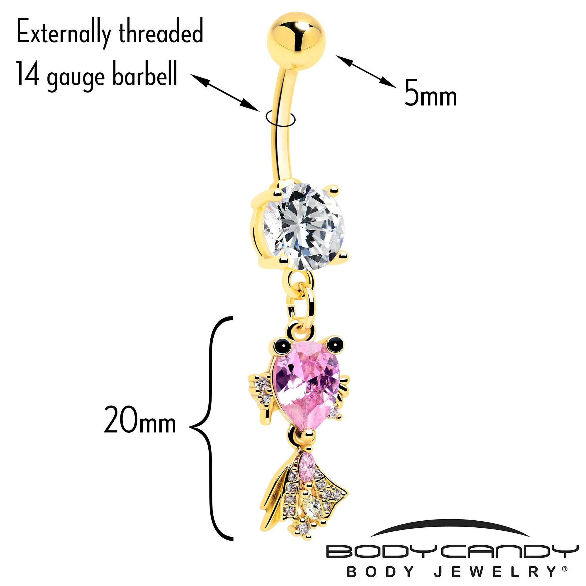 Clear Pink CZ Gem Gold Tone Fanciful Fish Dangle Belly  Ring - Image 2