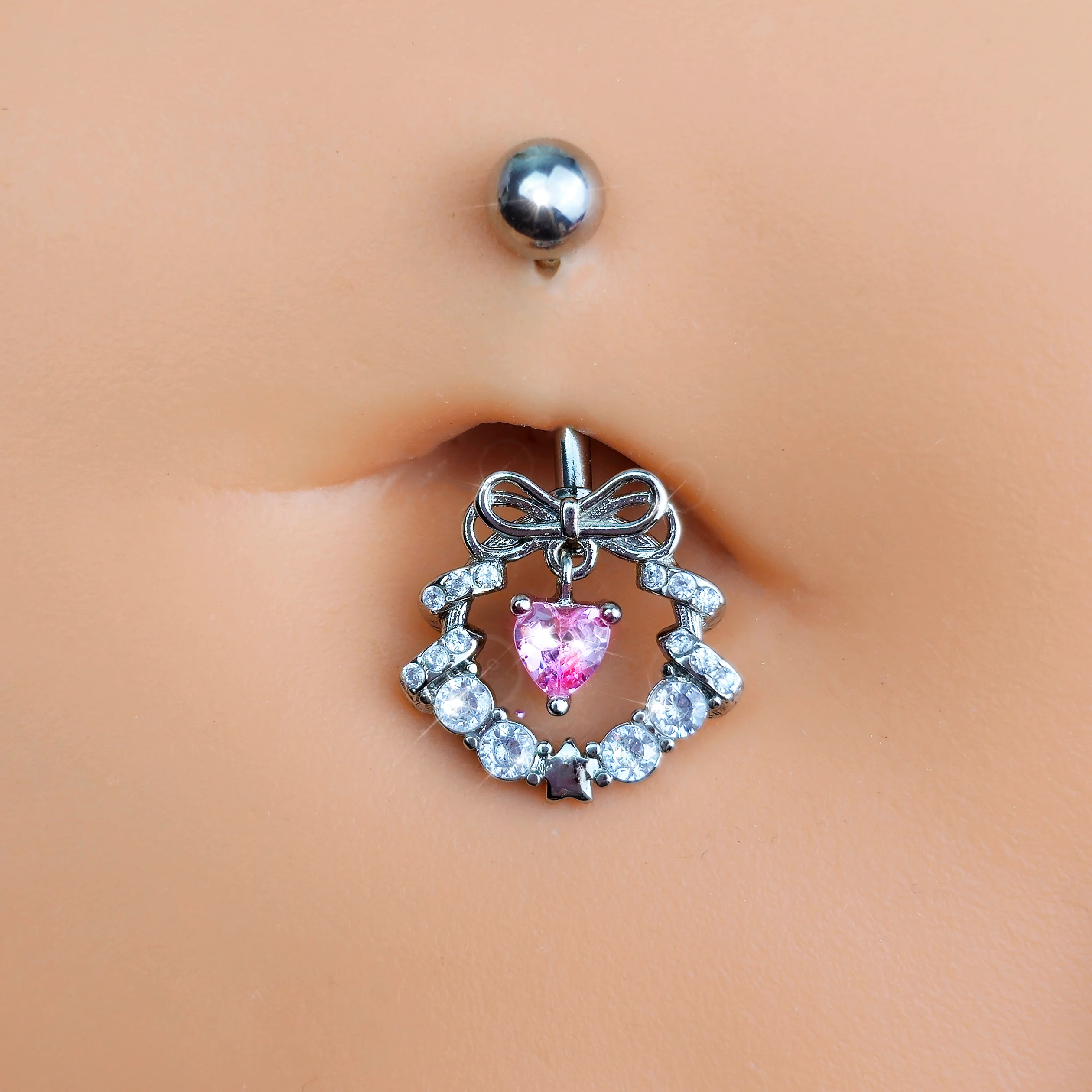 Clear Pink CZ Gem Heart Wreath of Love Belly Ring - Image 2