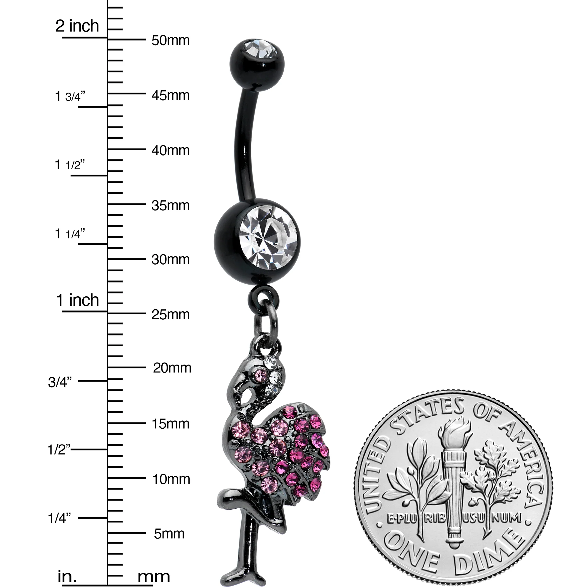Clear Pink Gem Black Fashionable Flamingo Dangle Belly Ring - Image 2