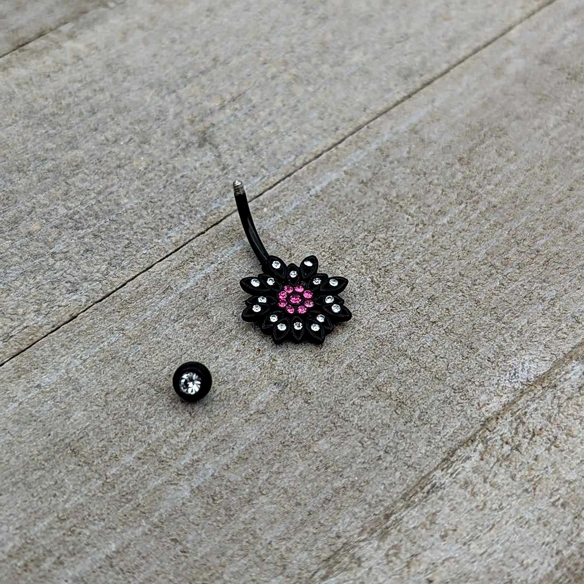 Clear Pink Gem Black Midnight Flower Blooming Belly Ring - Image 6