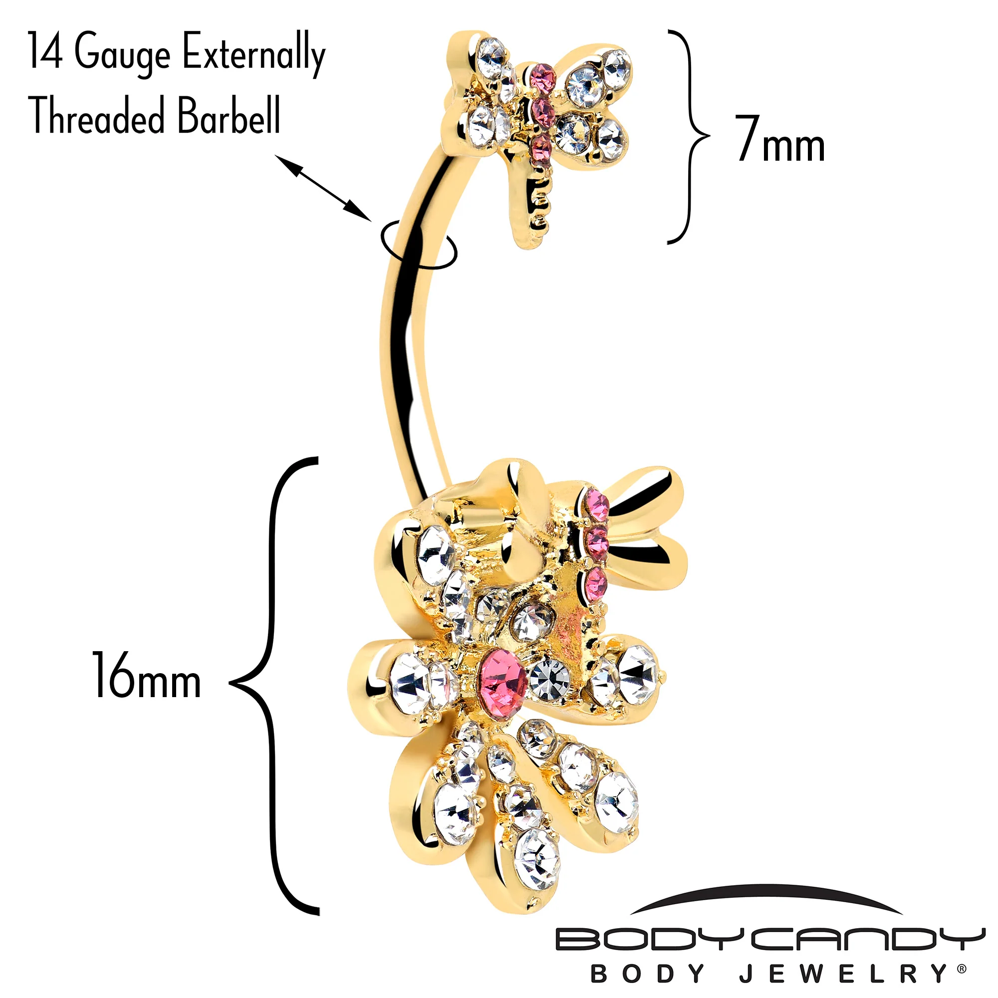 Clear Pink Gem Gold Tone Flower Bug Double Mount Belly Ring - Image 5