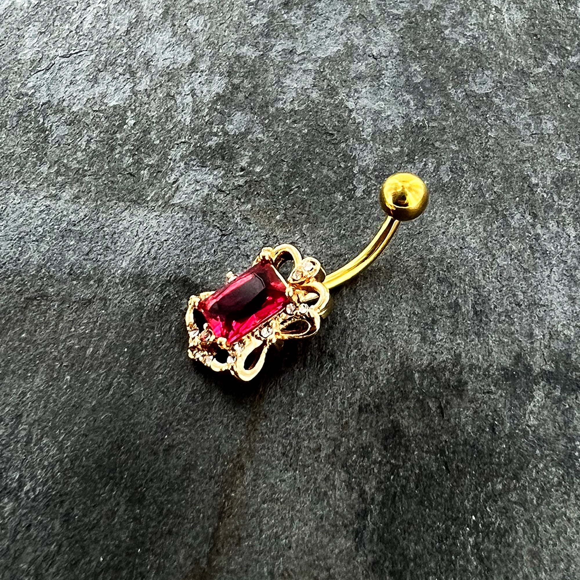 Clear Pink Gem Gold Tone Open Oblong Elegant Belly Ring - Image 2