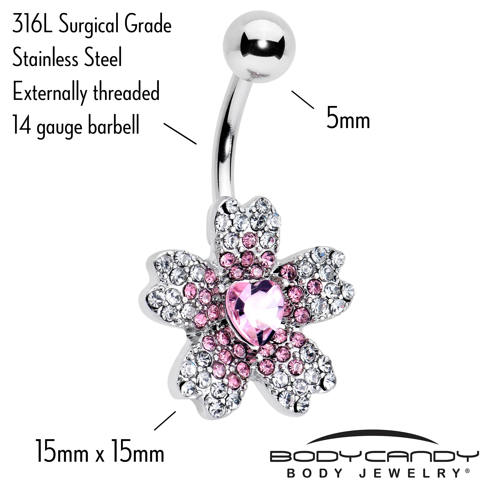 Clear Pink Gem Heart in Flower Belly Ring - Image 3