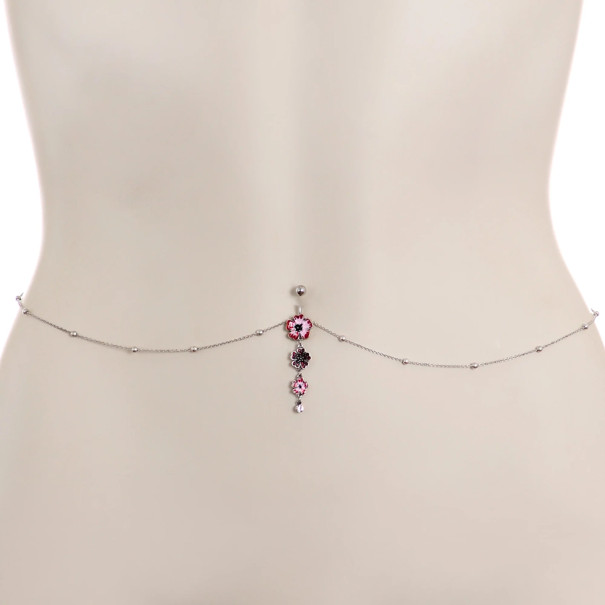Clear Pink Gem Pink Tropical Flower Dangle Belly Ring Belly Chain - Image 3