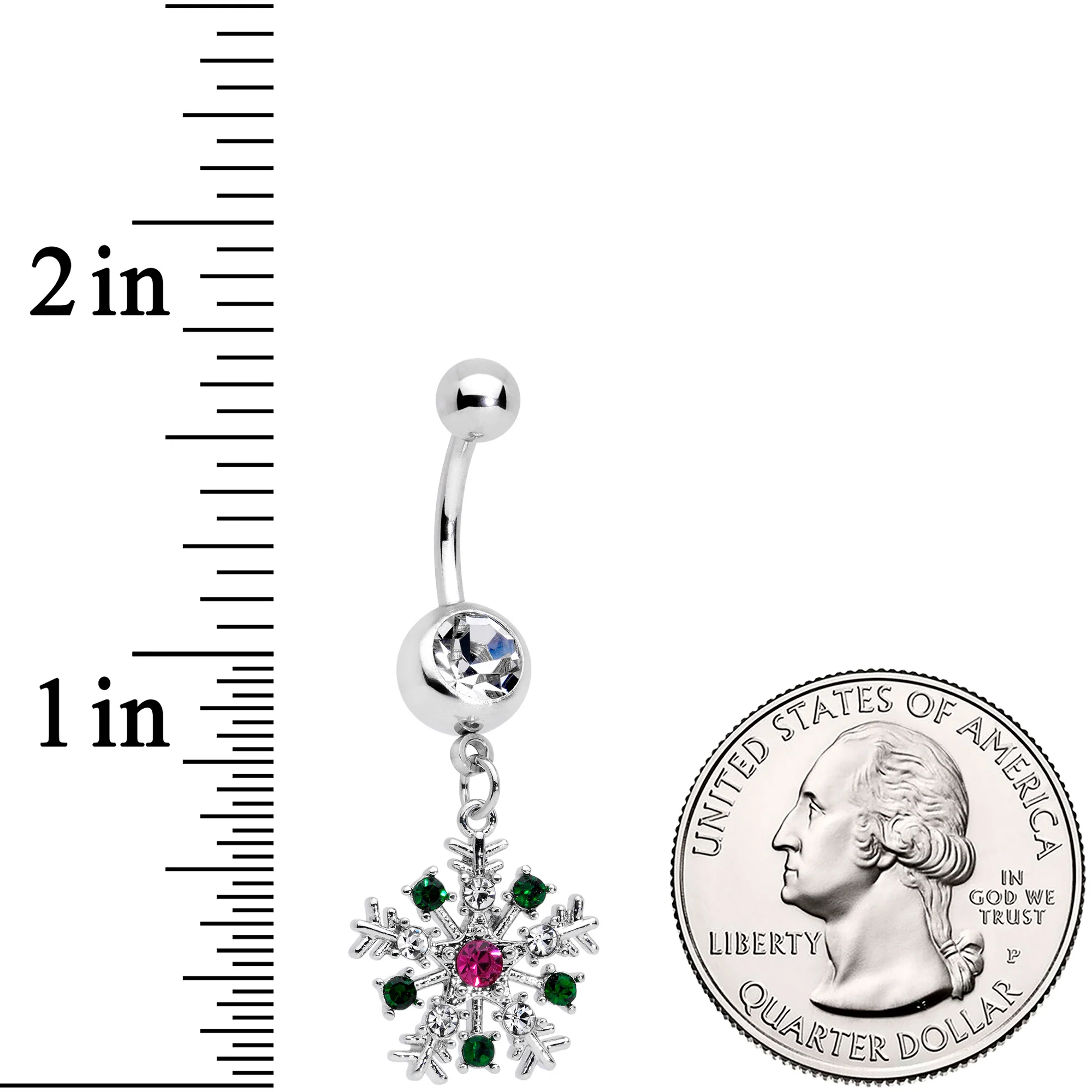 Clear Pink Green Gem Snowflake Holiday Dangle Belly Ring - Image 2
