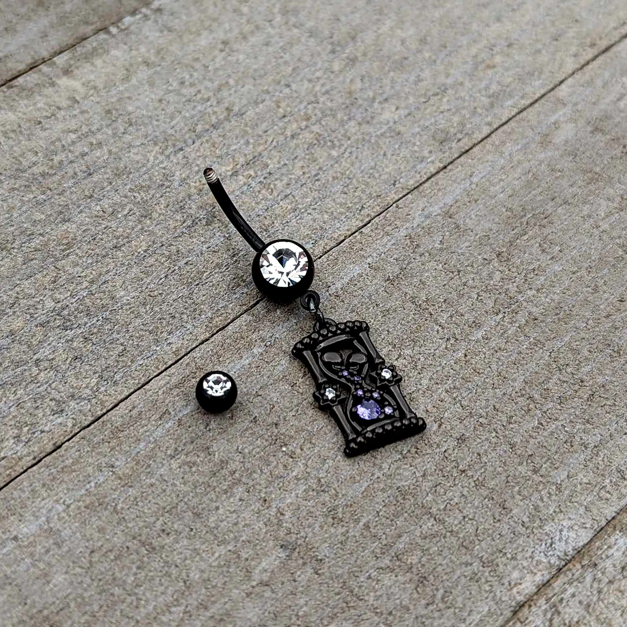 Clear Purple Gem Black Goth Heart Skulls Hourglass Dangle Belly Ring - Image 6