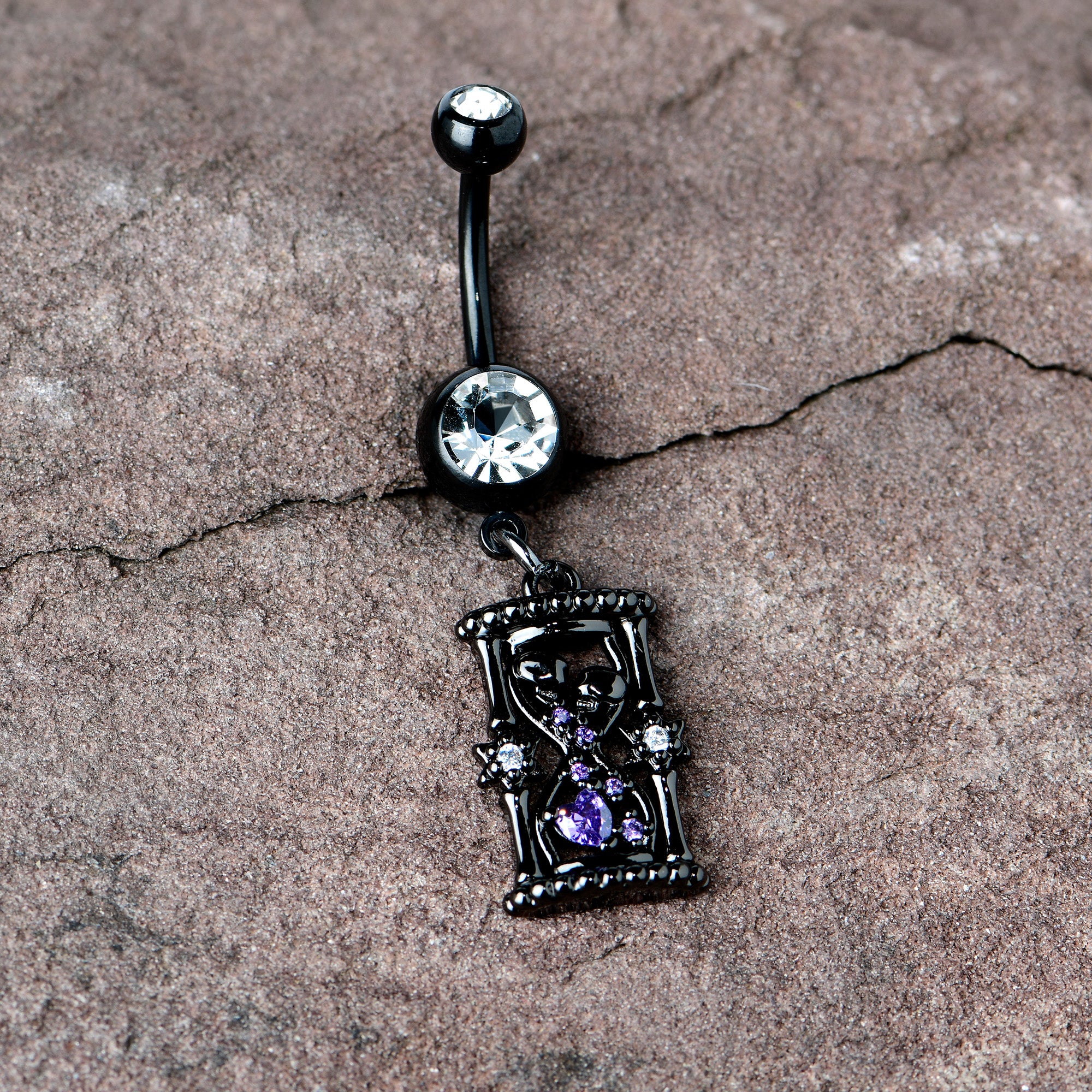 Clear Purple Gem Black Goth Heart Skulls Hourglass Dangle Belly Ring - Image 7