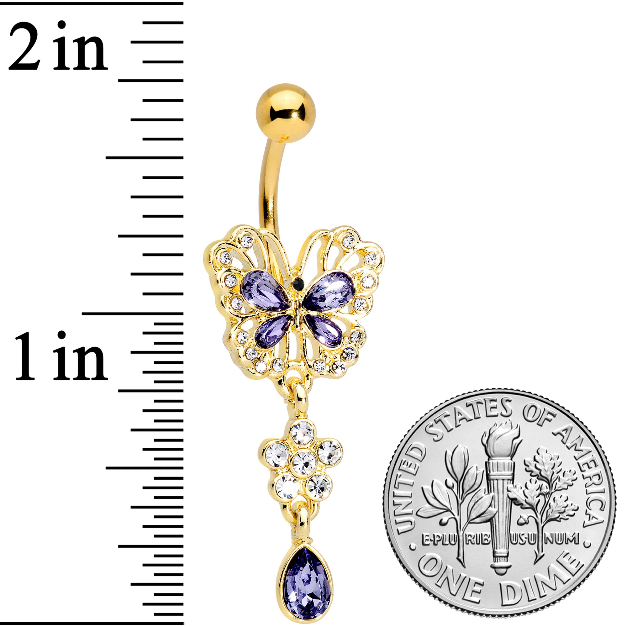 Clear Purple Gem Gold Tone Lacy Butterfly Flower Drop Dangle Belly Ring - Image 3