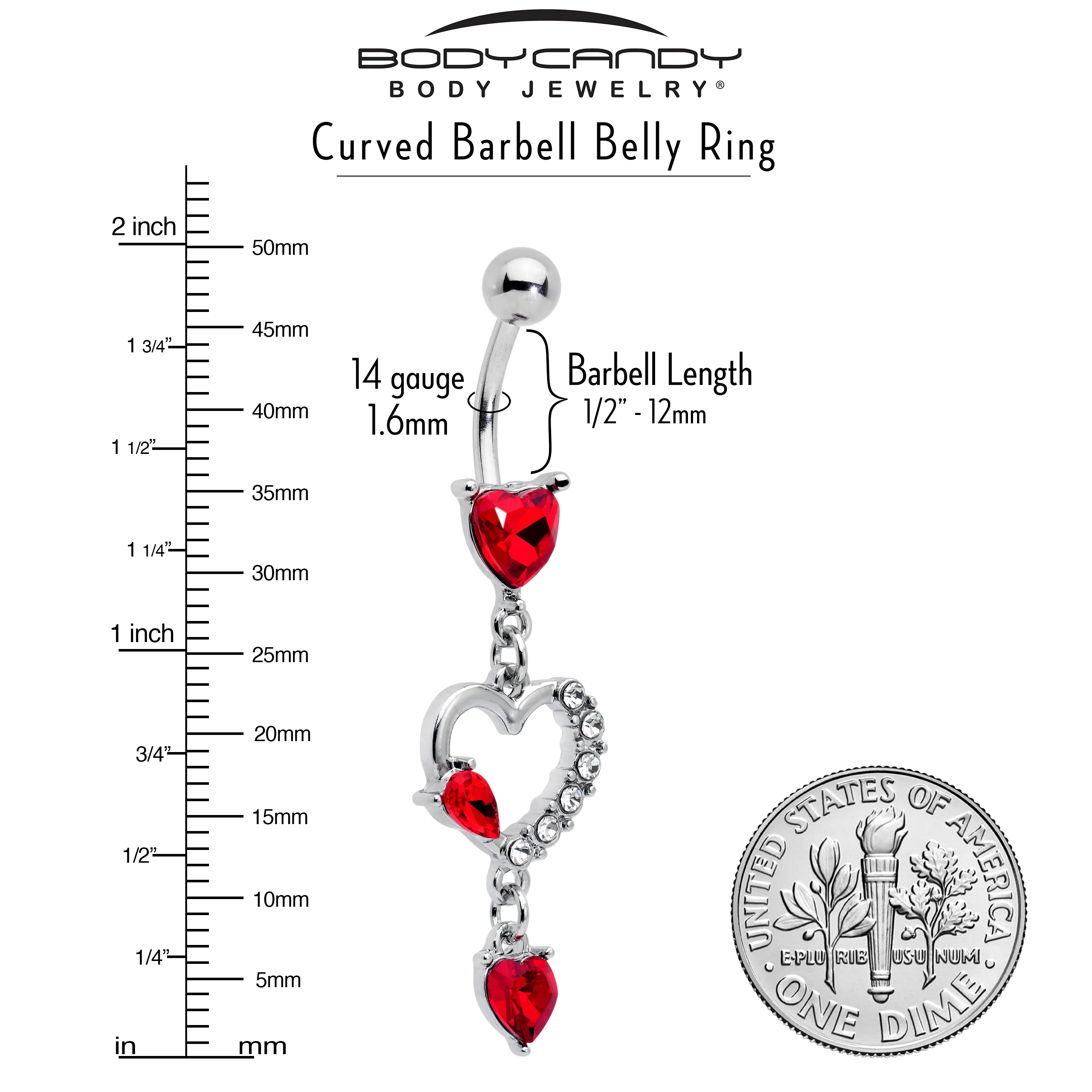 Clear Red CZ Gem Devilish Heart Dangle Belly Ring - Image 2