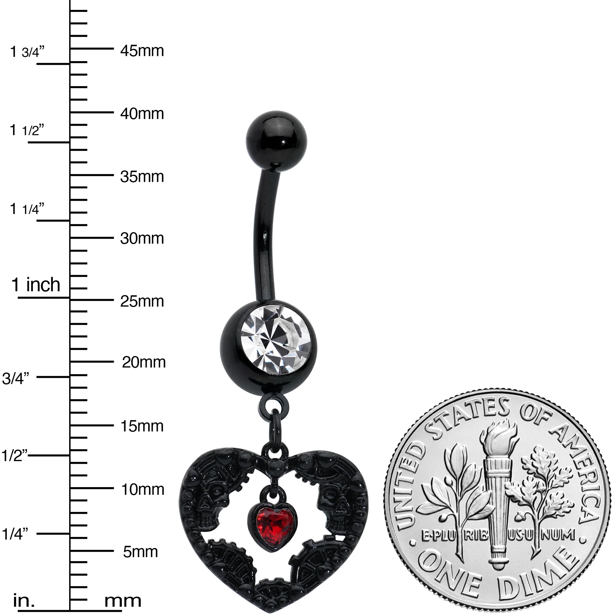 Clear Red Gem Black Skeleton Steampunk Heart Dangle Belly Ring - Image 2