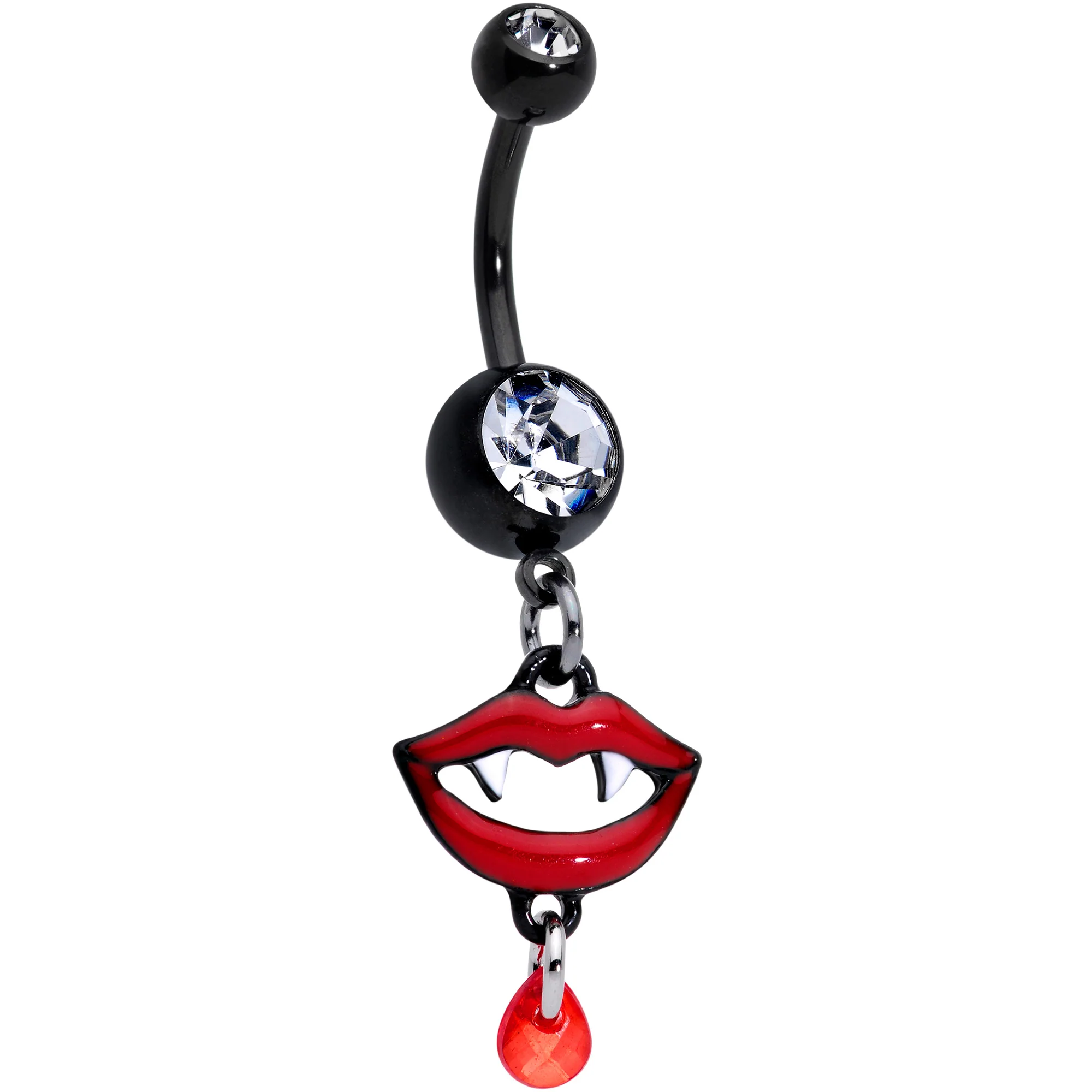 Clear Red Gem Black Vampire Fang Halloween Dangle Belly Ring Set of 2 - Image 2