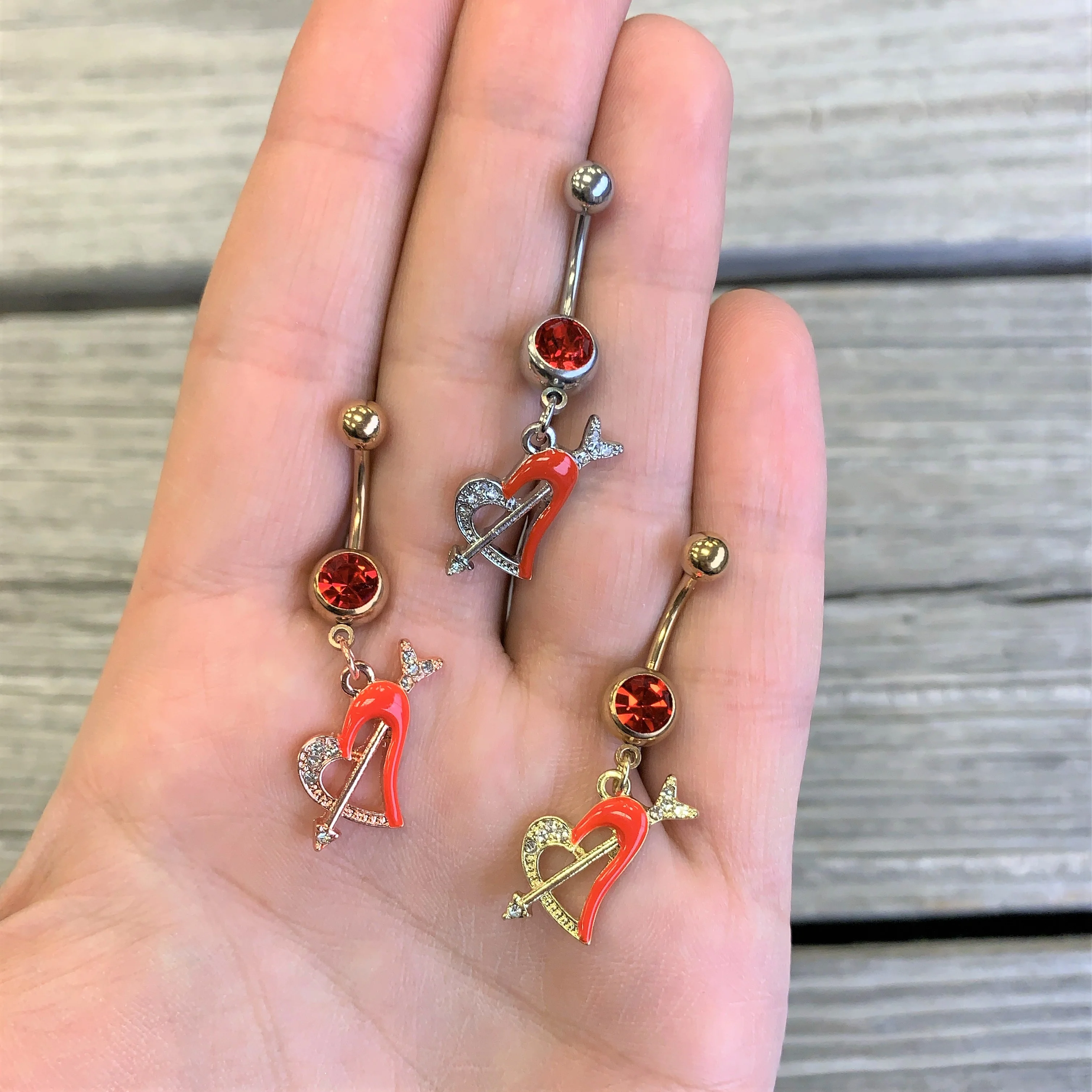 Clear Red Gem Gold Tone Valentine Heart Dangle Belly Ring - Image 2