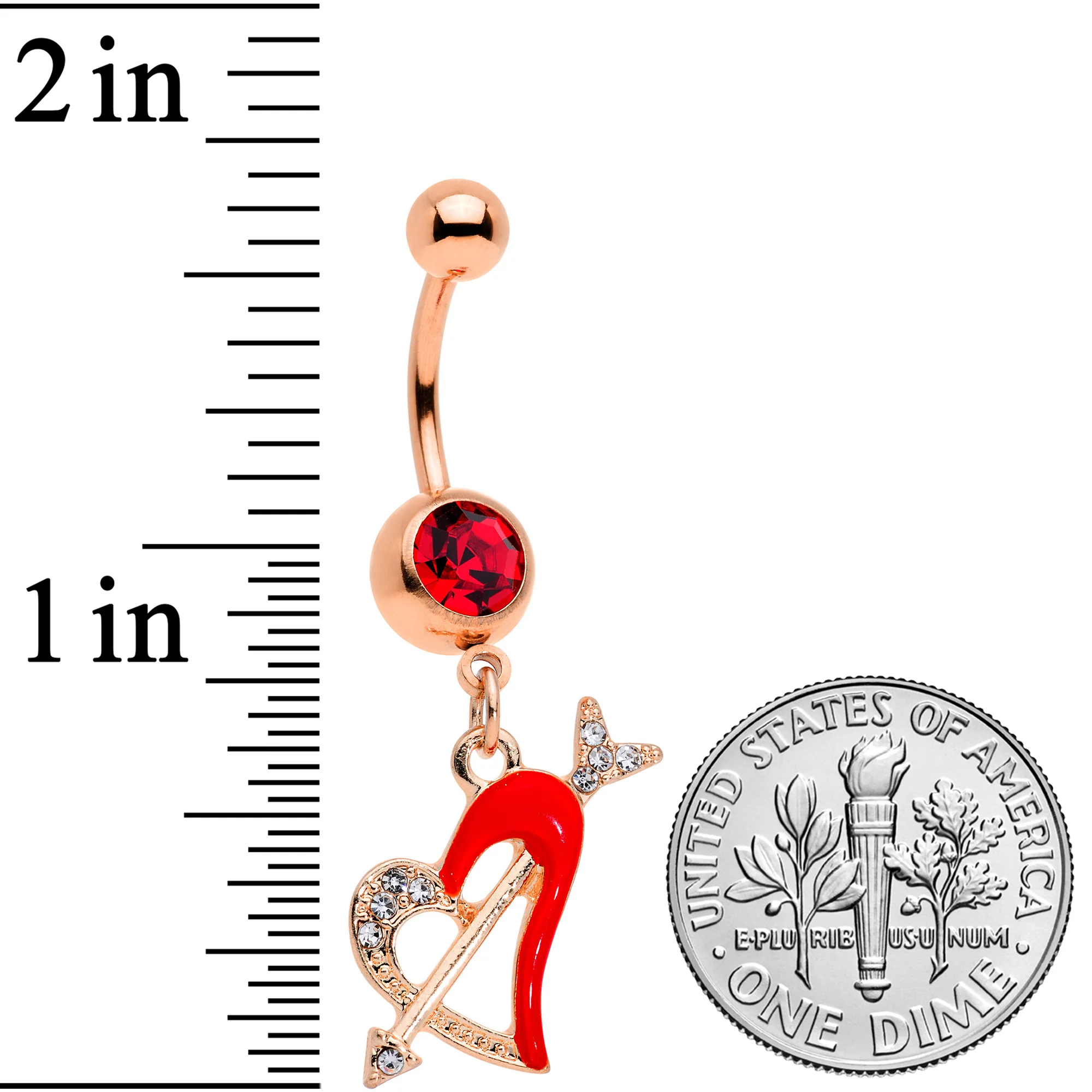 Clear Red Gem Rose Gold Tone Valentine Heart Dangle Belly Ring - Image 3