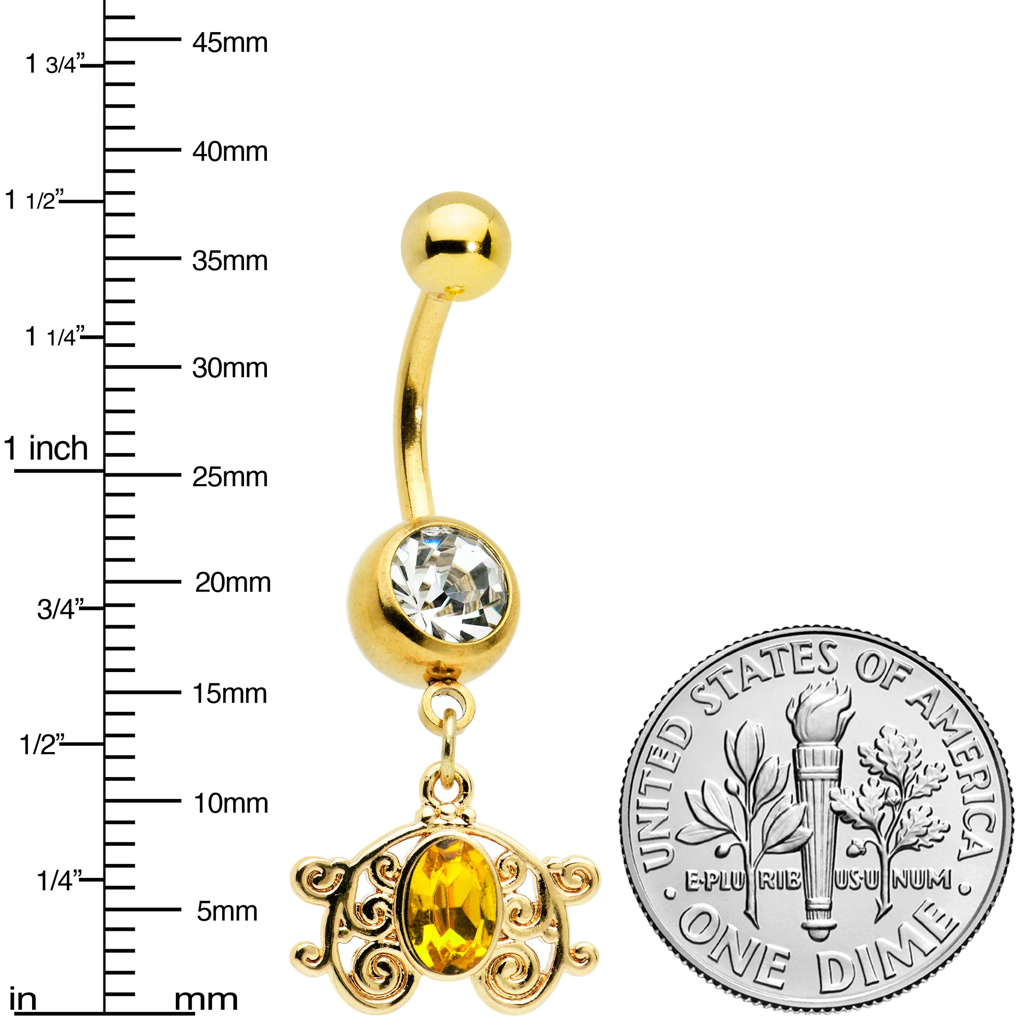 Clear Yellow Gold Tone Duet Scroll Dangle Belly Ring - Image 3