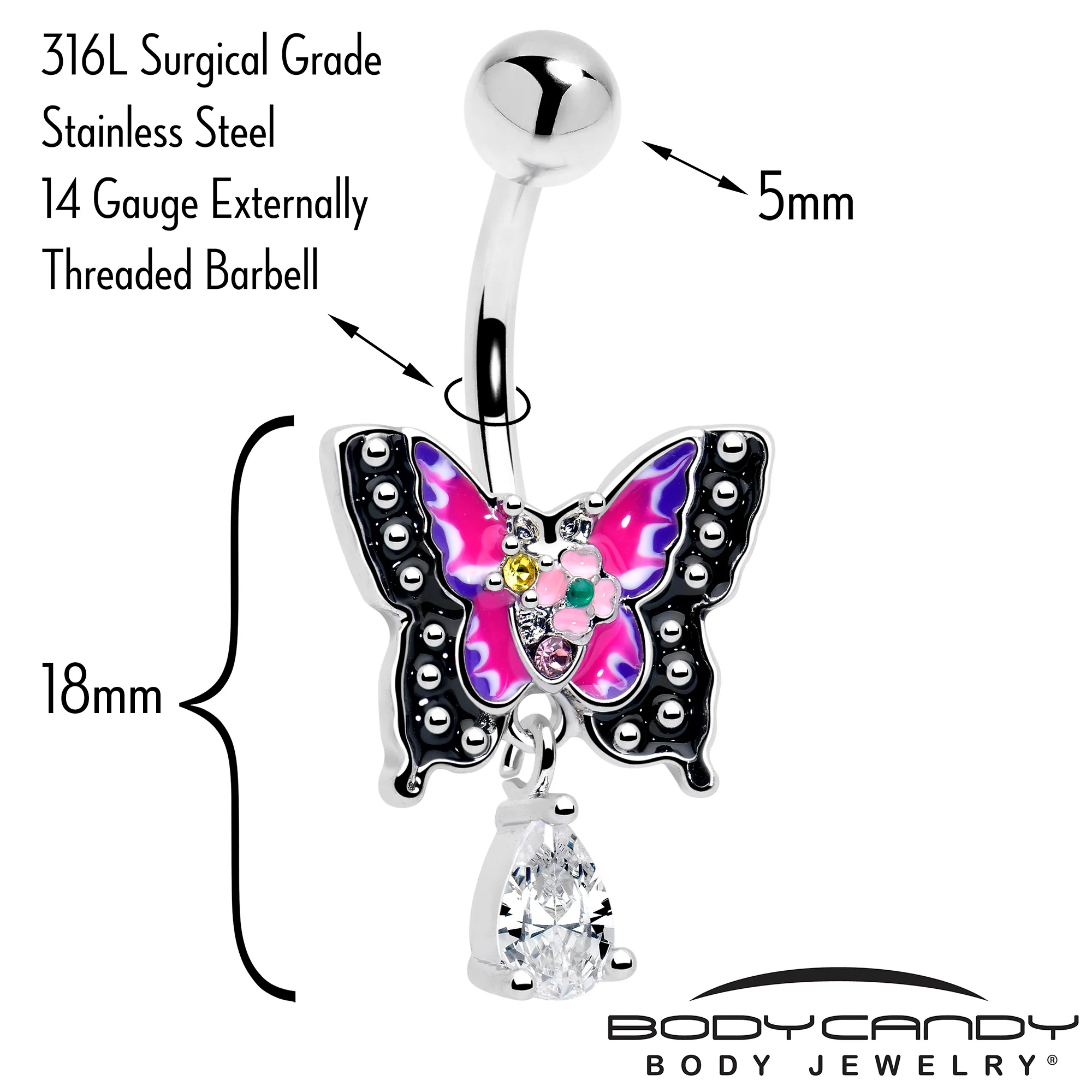 Clear Yellow Green Gem Exotic Butterfly Dangle Belly Ring - Image 2