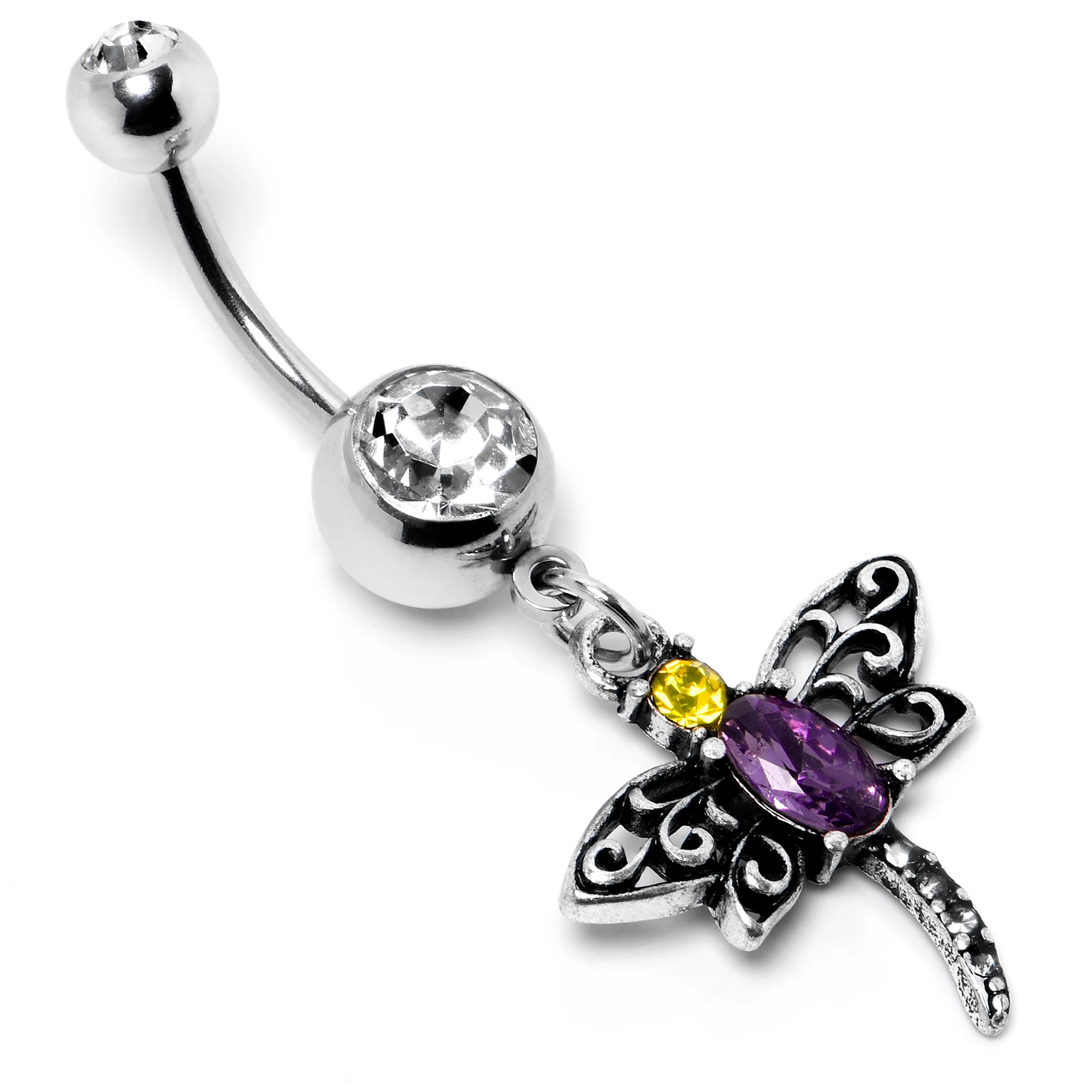 Clear Yellow Purple Gem Dragonfly Dangle Belly Ring - Image 5