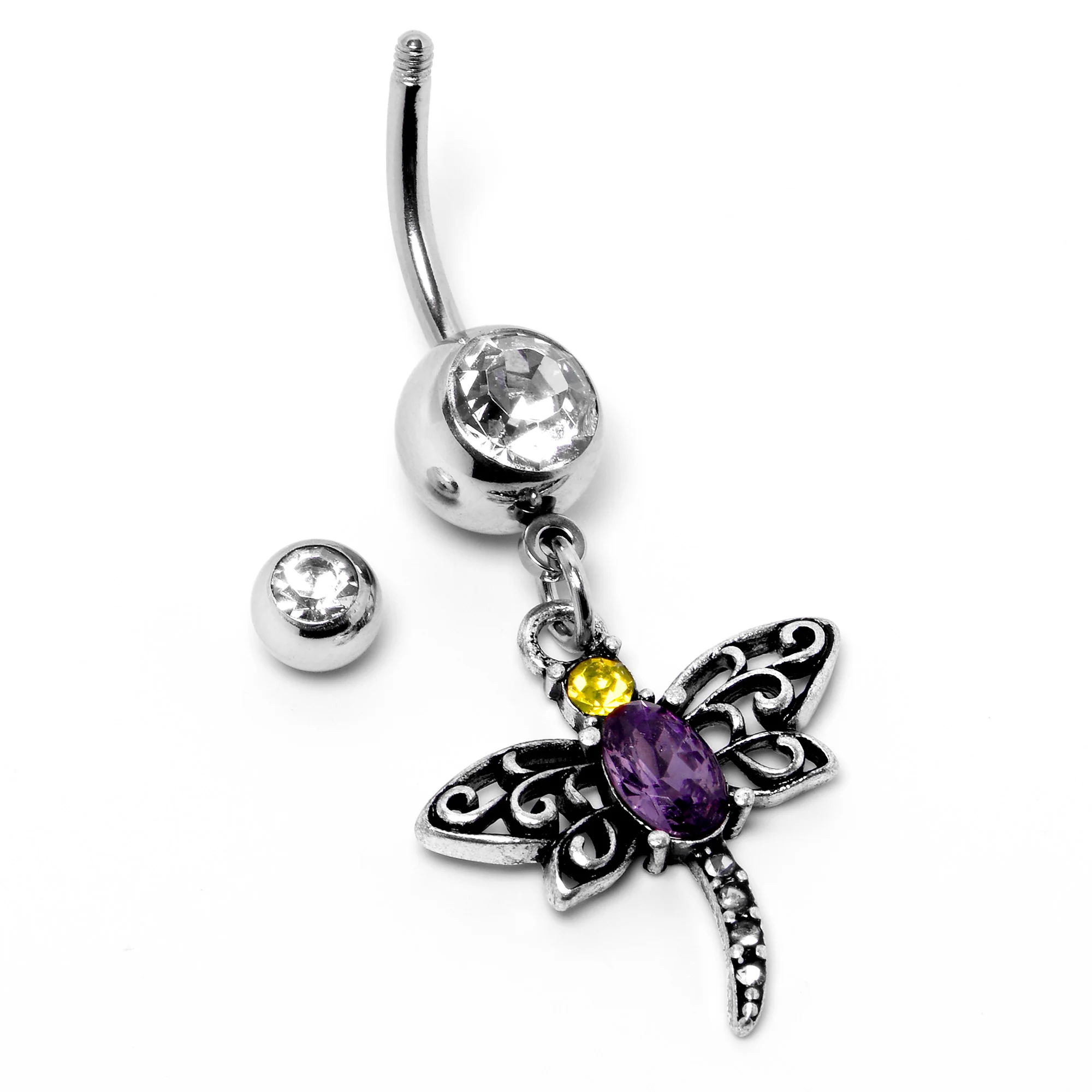 Clear Yellow Purple Gem Dragonfly Dangle Belly Ring - Image 6