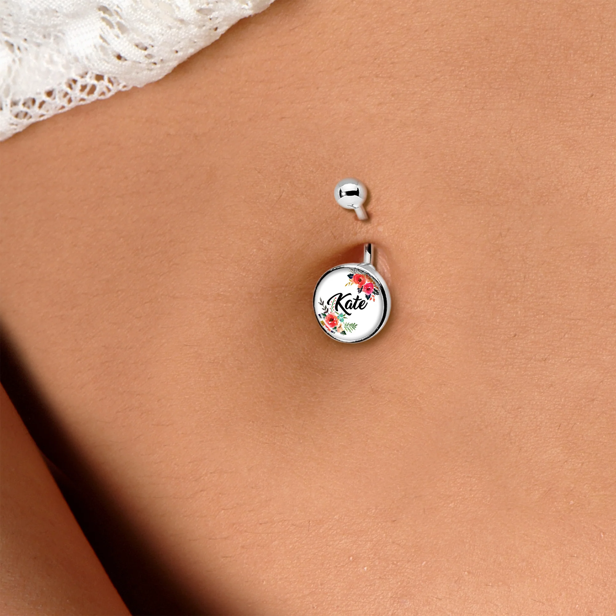Custom Floral Personalized Name Belly Ring - Image 3