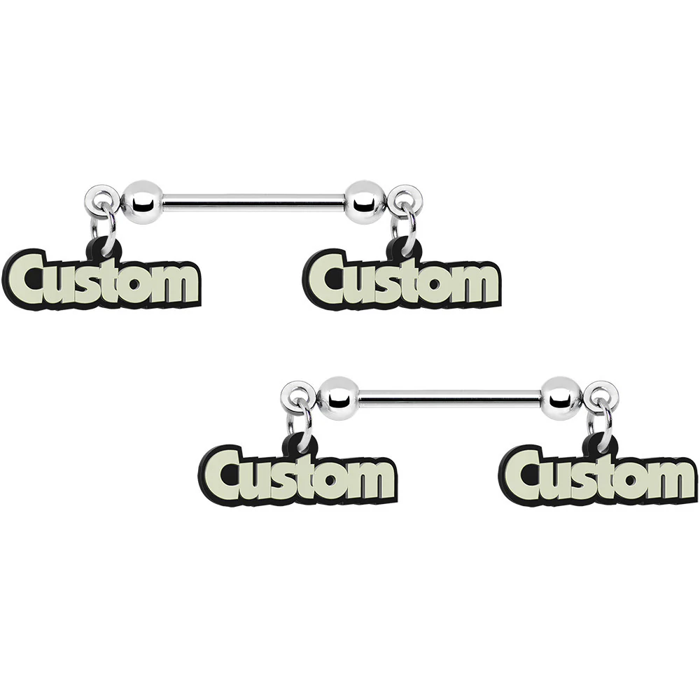 Custom Glow in the Dark Double Personalized Name Dangle Nipple Ring Set - Image 3