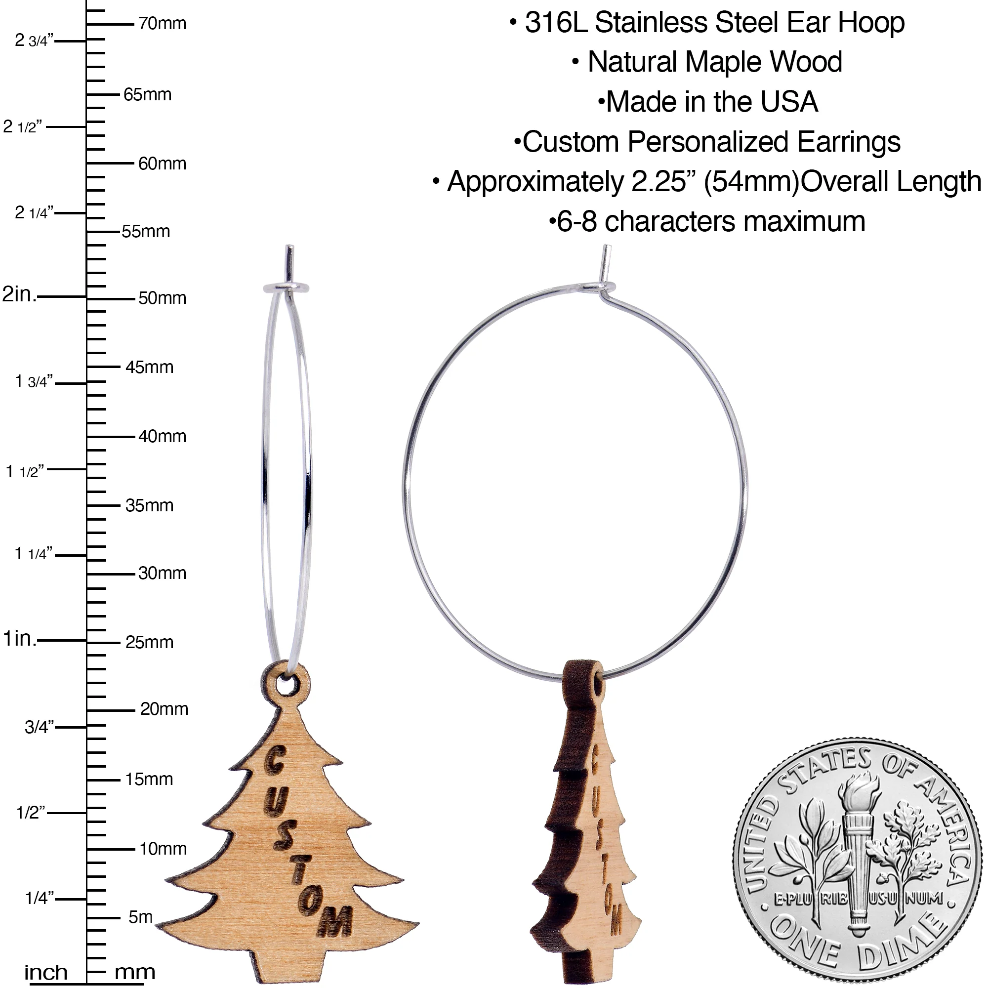 Custom Natural Wood Christmas Tree Personalized Hoop Earrings - Image 3