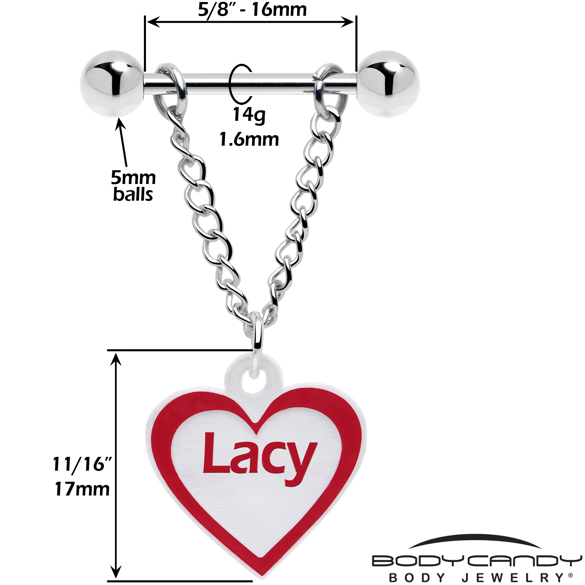 Custom Red White Heart Chain Personalized Name Dangle Nipple Ring Set - Image 4