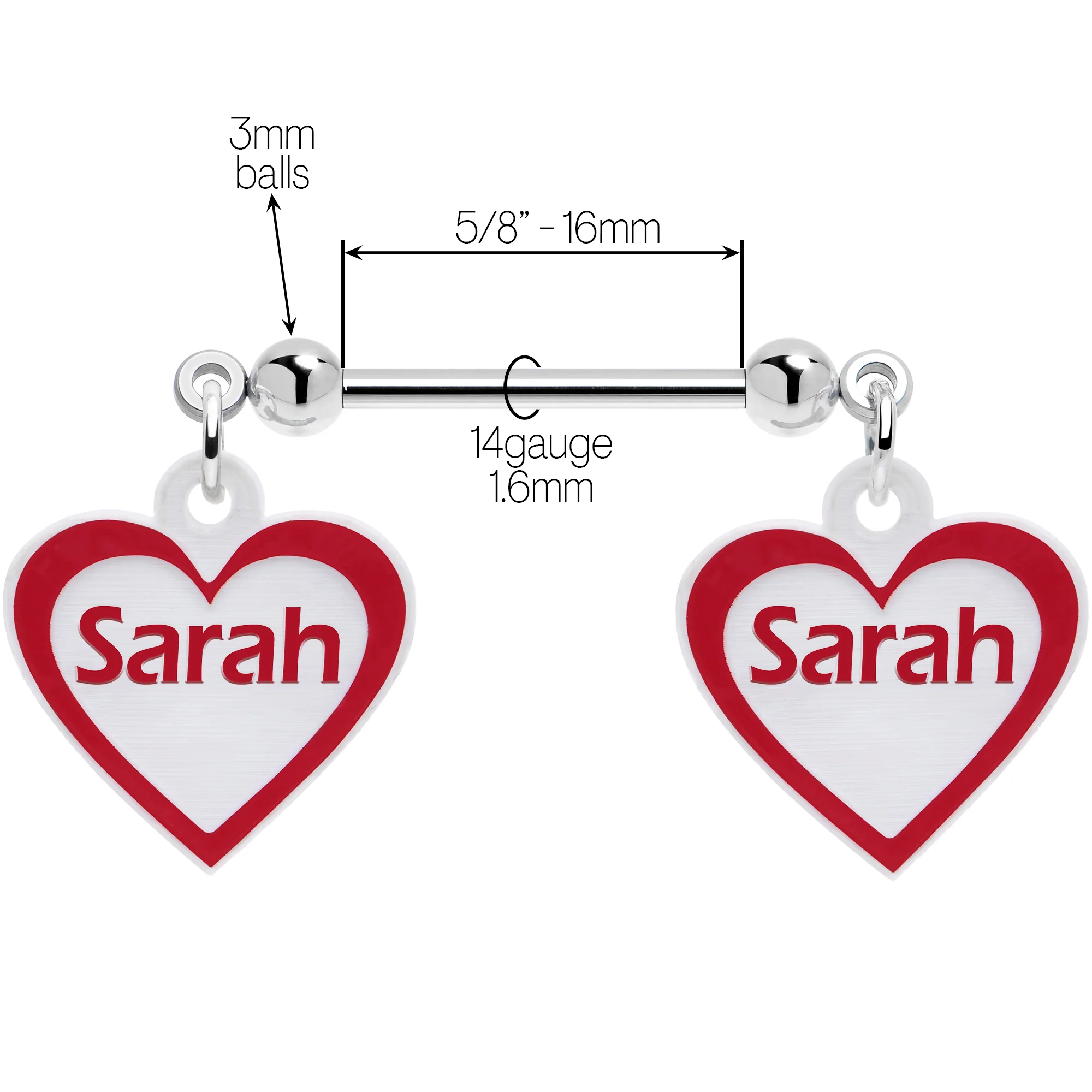Custom Red White Heart Double Personalized Name Dangle Nipple Ring Set - Image 4
