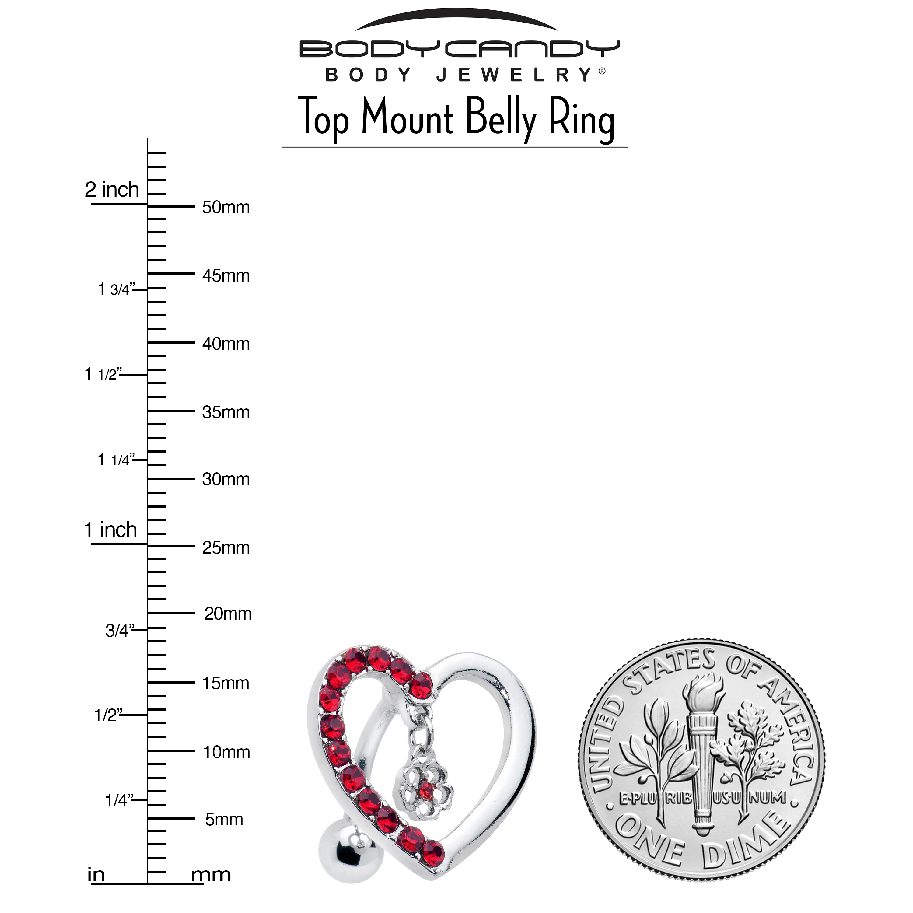 Red CZ Gem Asymmetrical Heart Flower Dangle Top Mount Belly Ring - Image 2