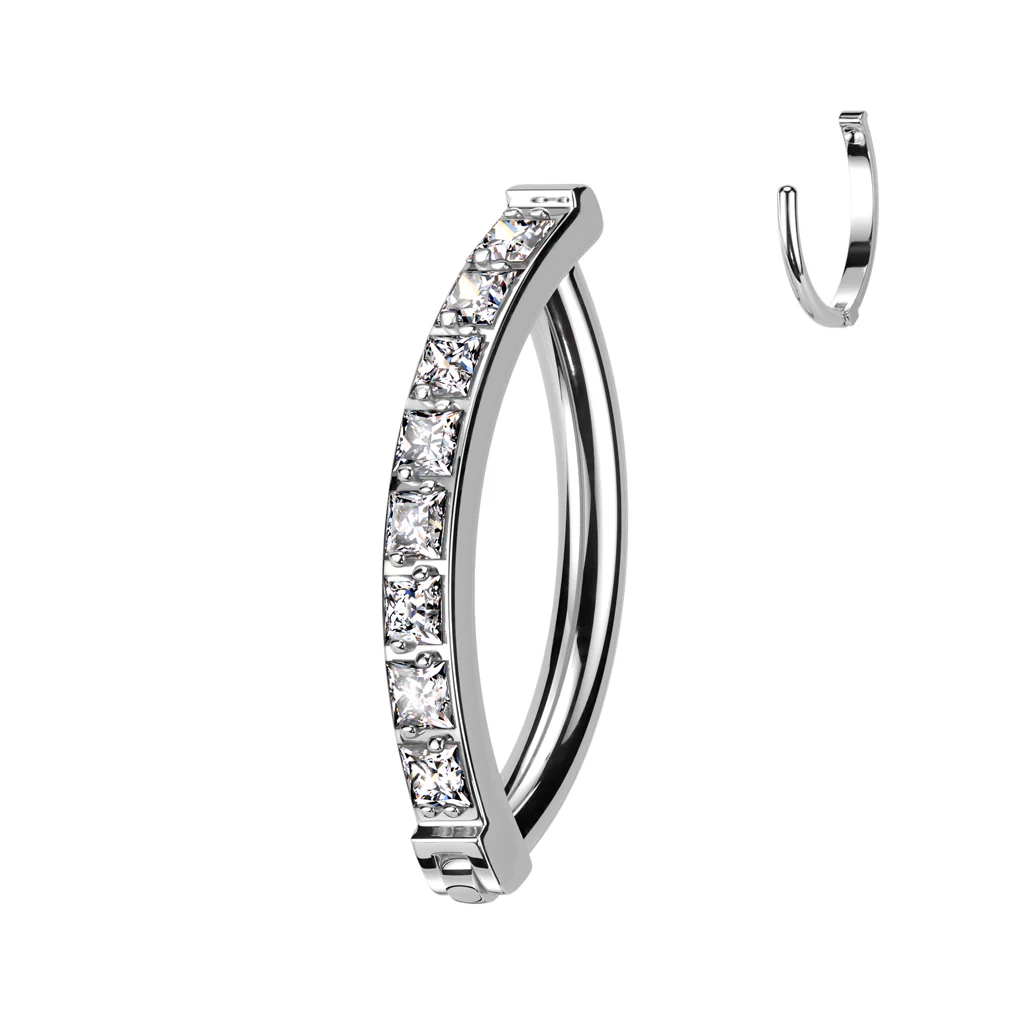 CZ Gem Implant Grade Titanium Paved Square Hinged Hoop Belly Ring - Image 3