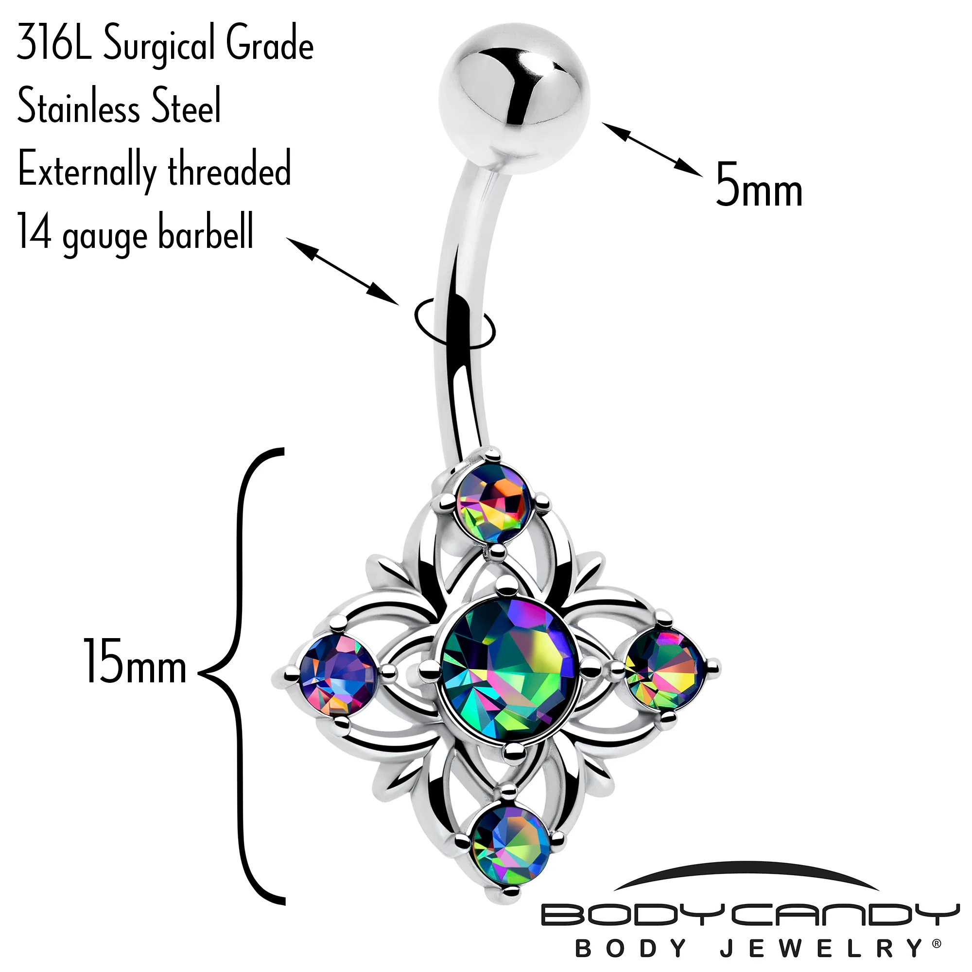 Dark Aurora CZ Gem Beauty Cross Belly Ring - Image 2