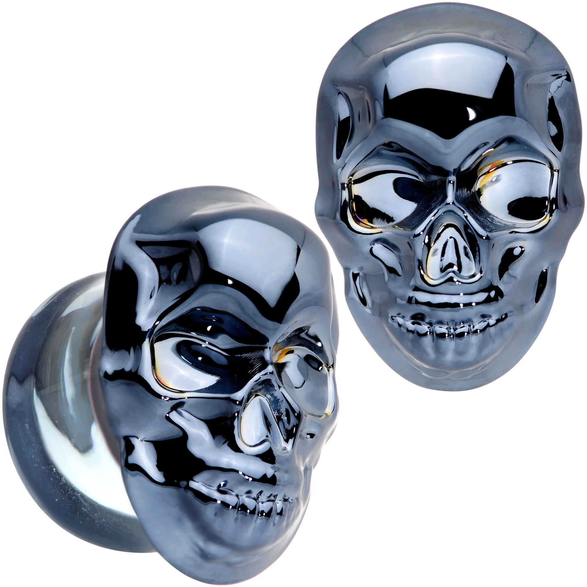 Dark Blue Glass Smiling Halloween Skull Double Flare Plug Set - Image 11