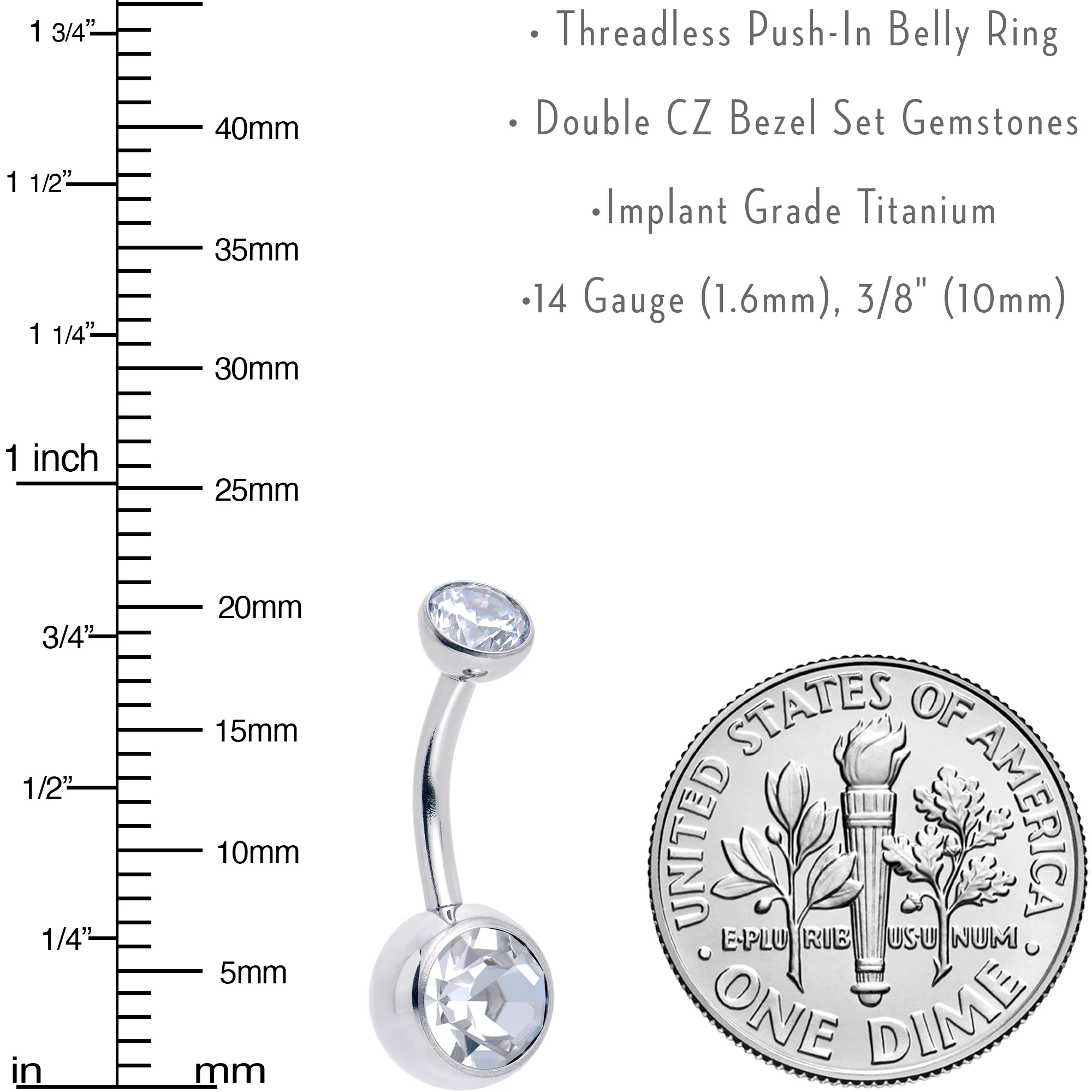Double CZ Implant Grade Titanium Threadless Bezel Push In Belly Ring - Image 4
