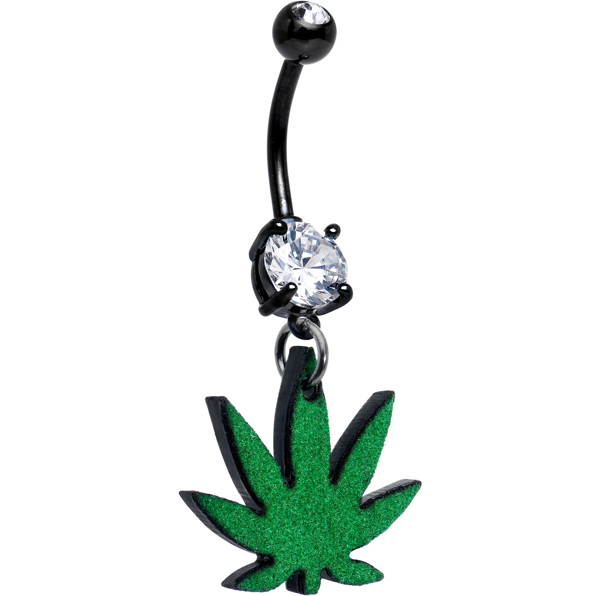 Double Gem Green Marijuana Pot Leaf Black Dangle Belly Ring - Image 7